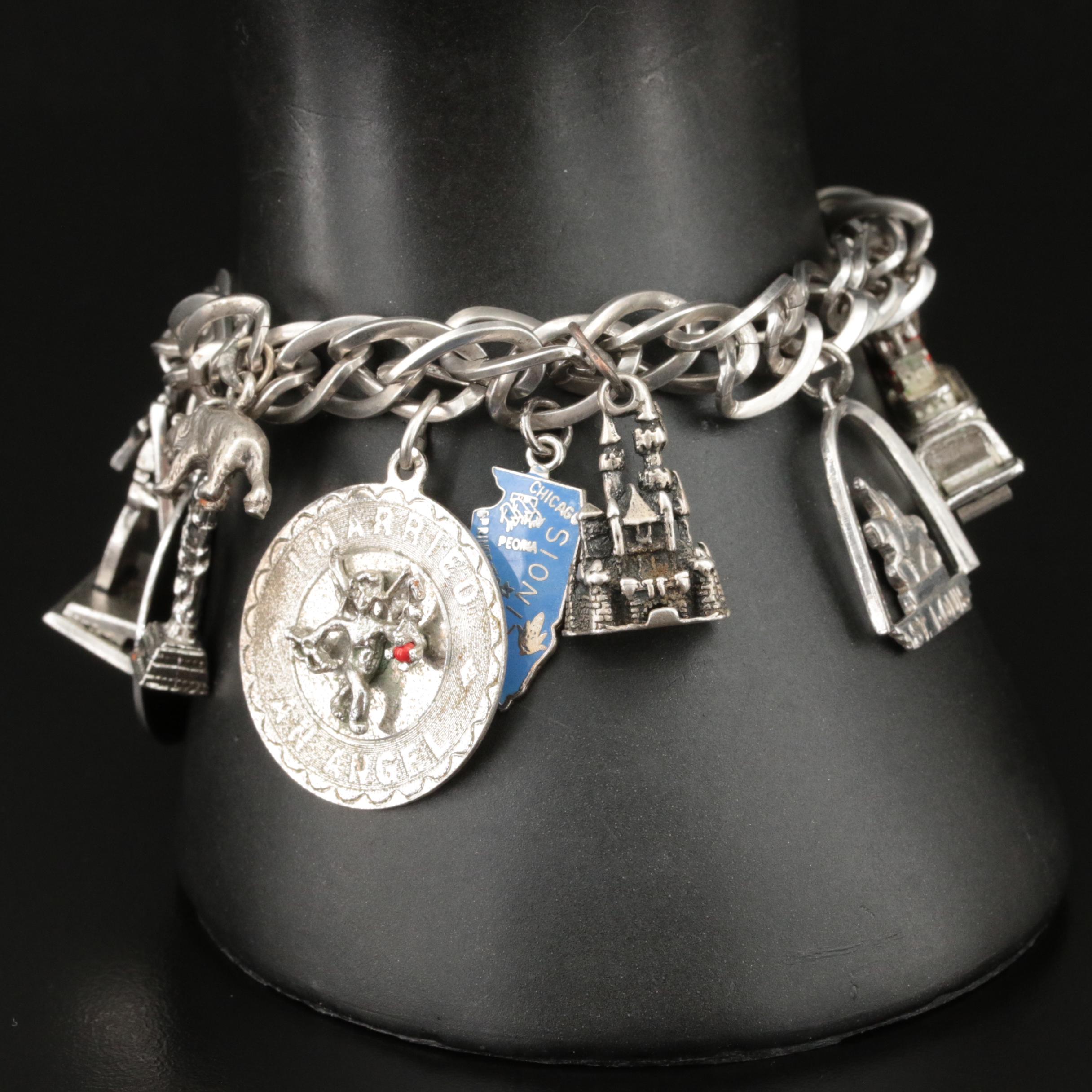 Vintage Sterling Charm Bracelet Featuring Travel Charms