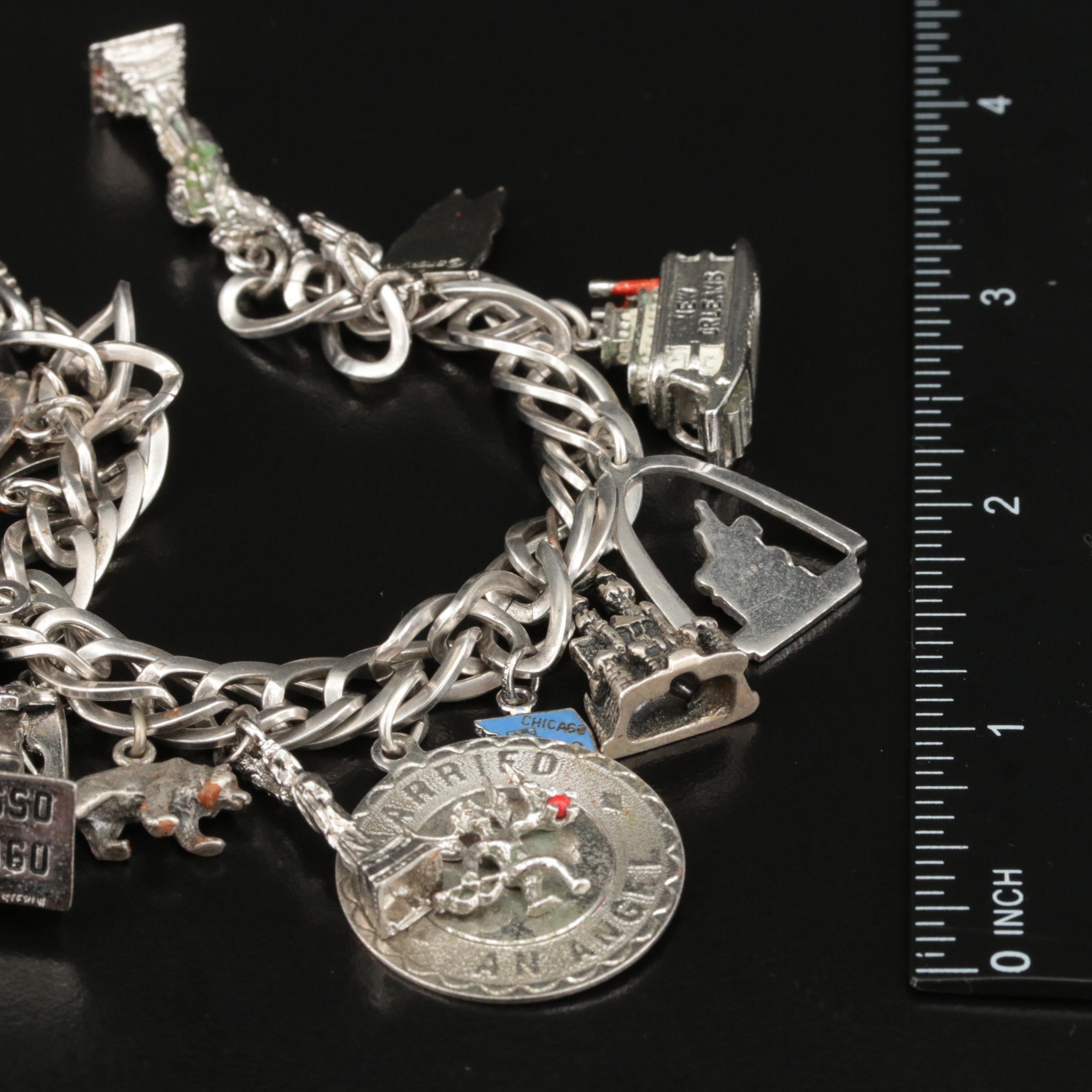 Vintage Sterling Charm Bracelet Featuring Travel Charms