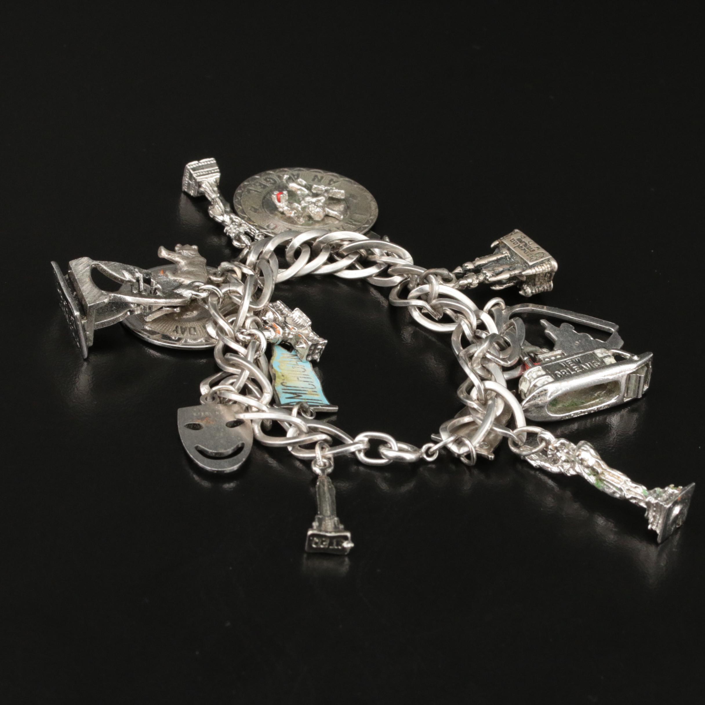 Vintage Sterling Charm Bracelet Featuring Travel Charms