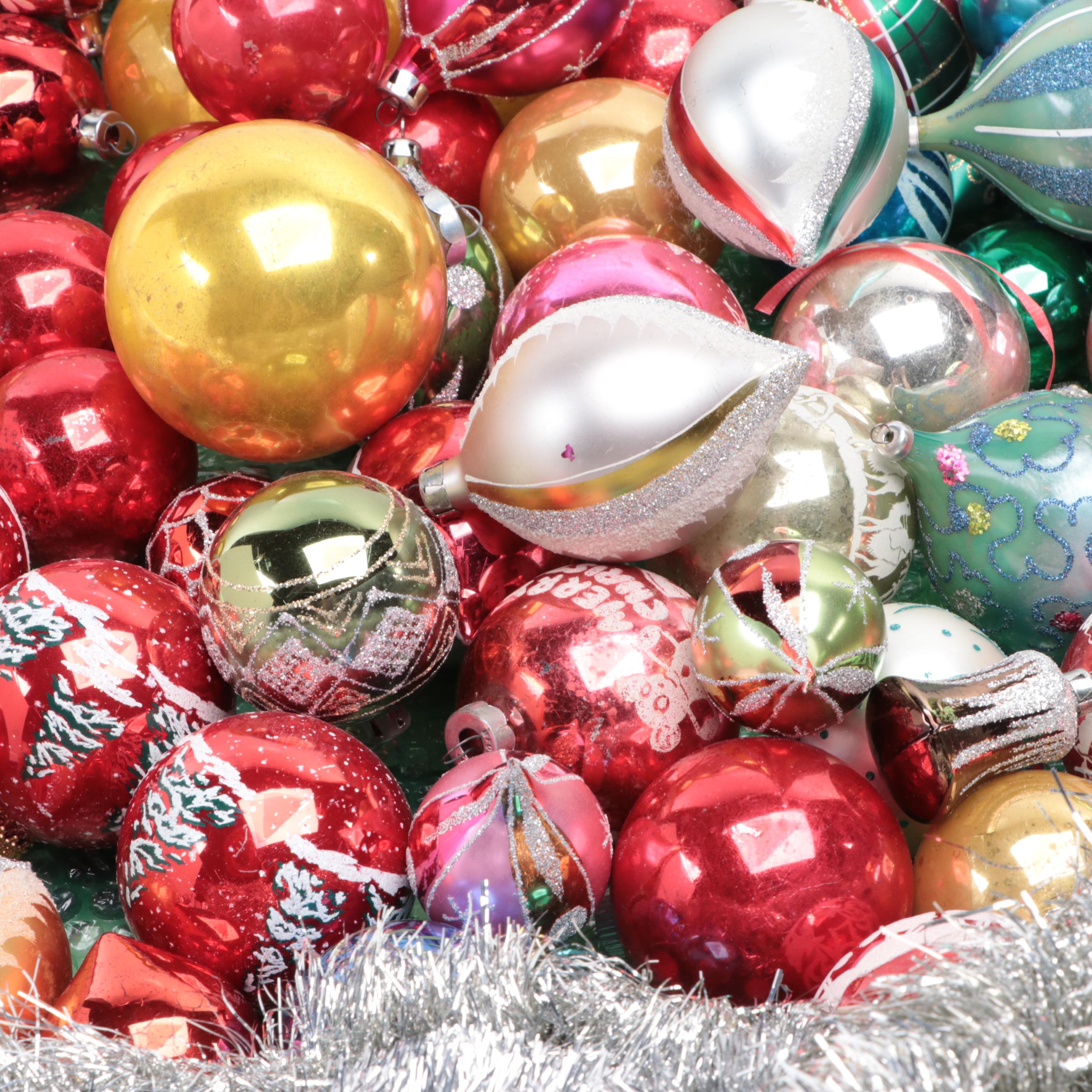 Shiny Brite and Other Glass Christmas Ornaments With Garland, Mid to Late 20th C