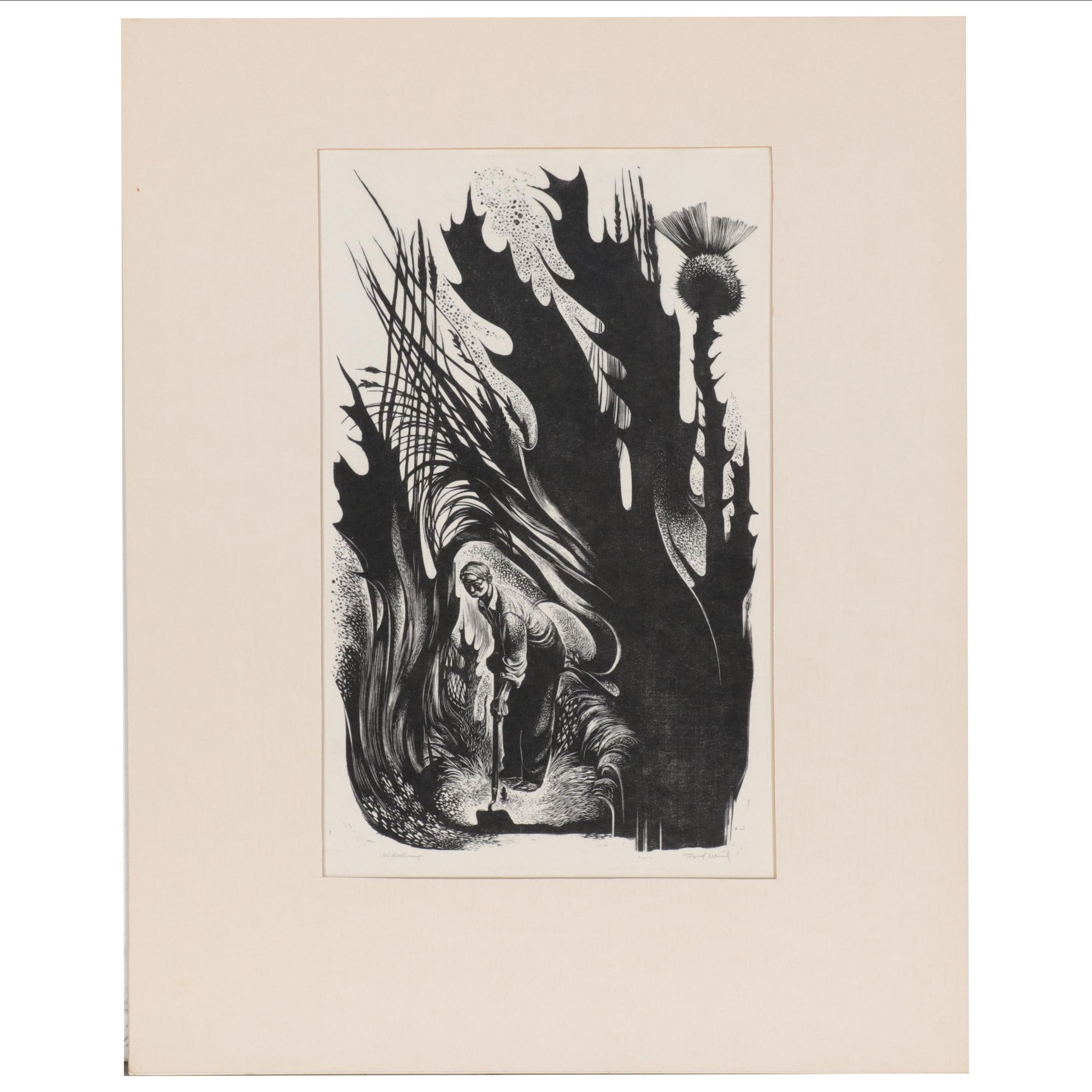 Lynd Ward Wood Engraving "Weeding," 1954