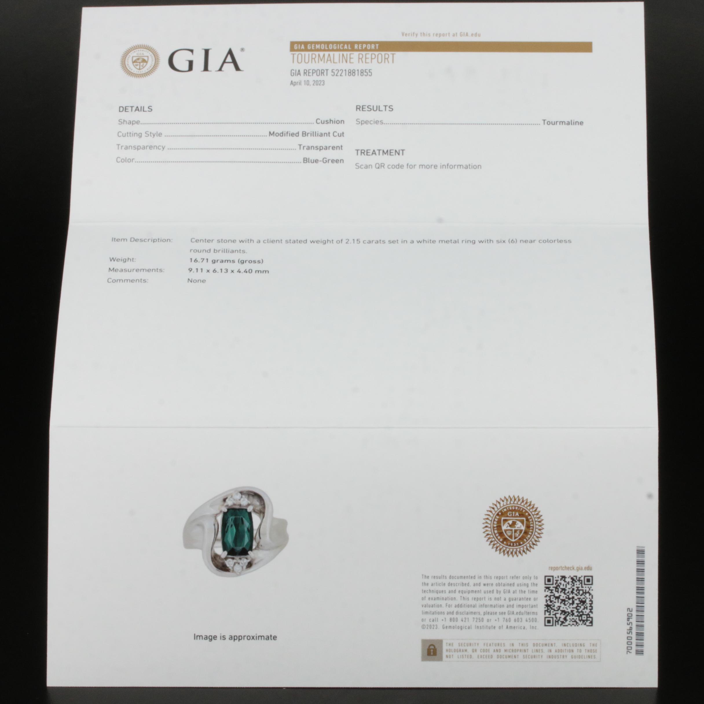 Platinum 2.15 CT Tourmaline and Diamond Ring with GIA Report