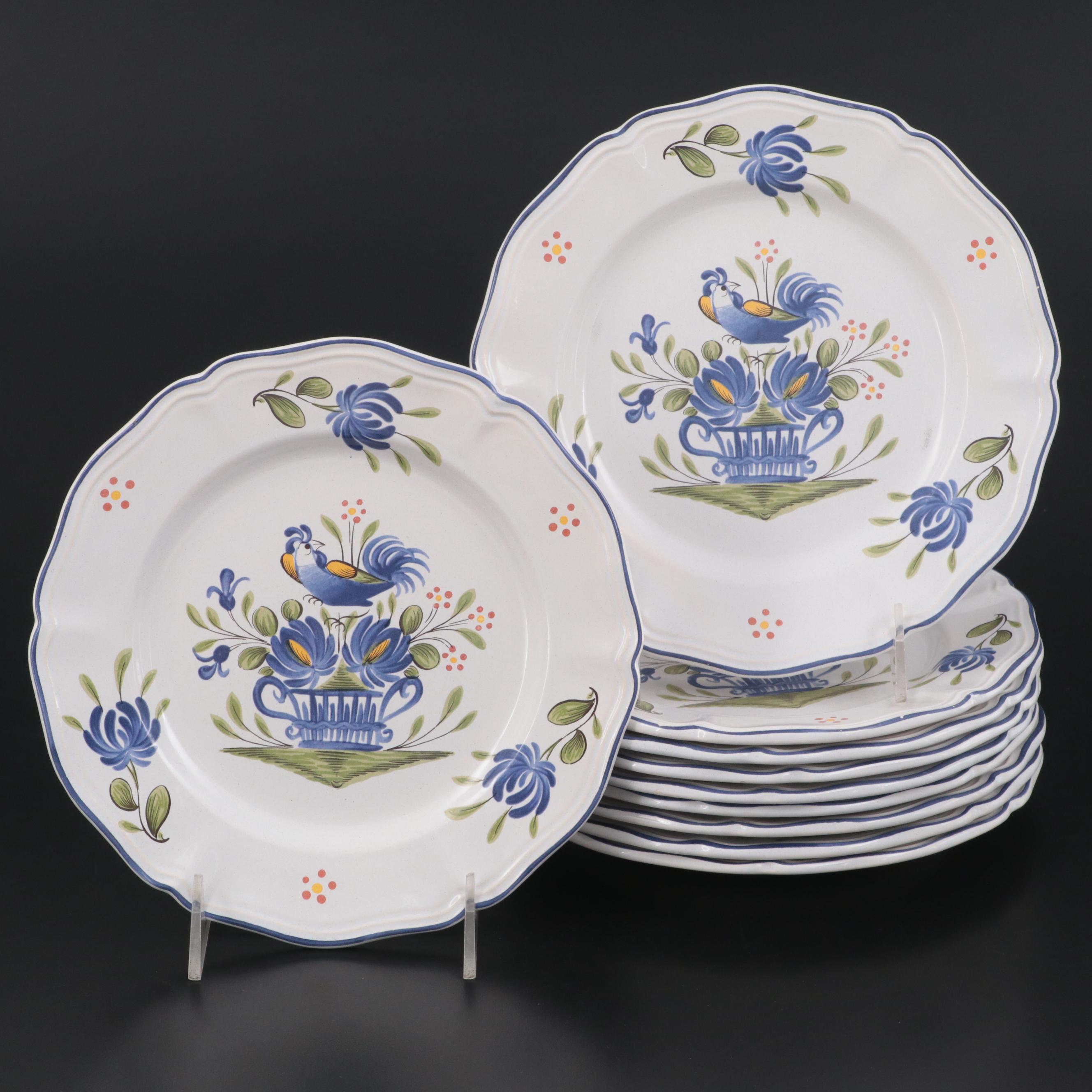 Lunéville "Chanteclerc Blue" Earthenware Salad Plates, Late 20th Century
