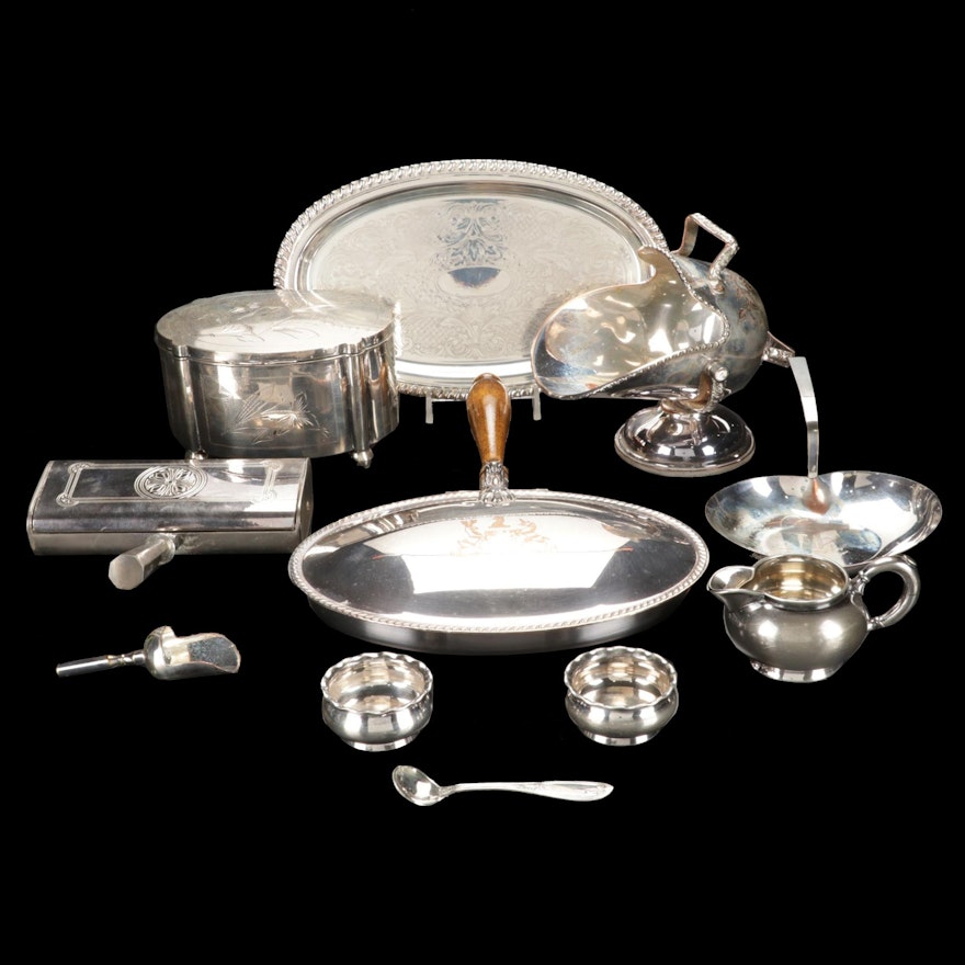 Silver Plate Biscuit Box, Scuttle Salt Cellar, Silent Butlers, and More
