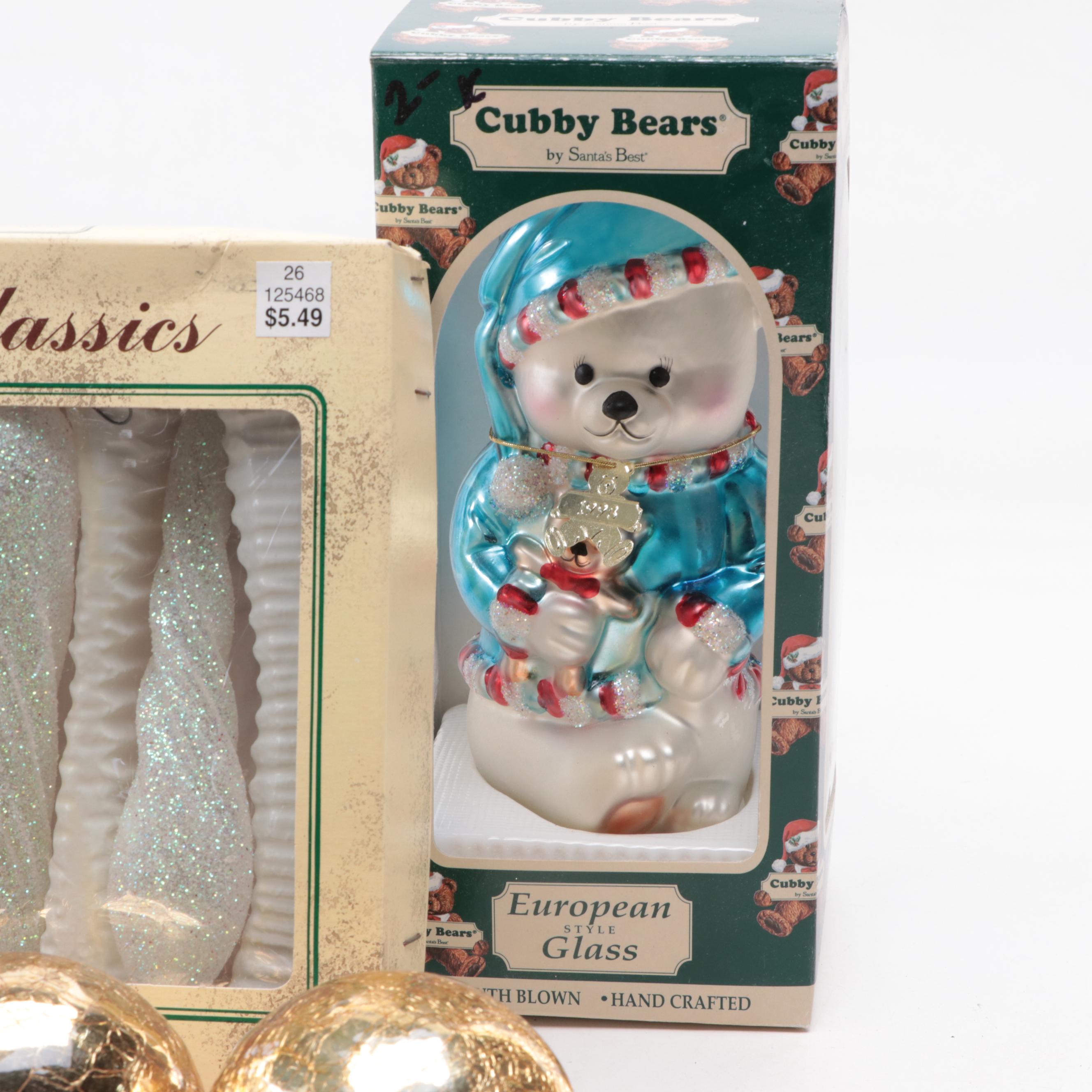 Santa's Best Cubby Bears and Other Glass Christmas Ornaments, Late 20th Century