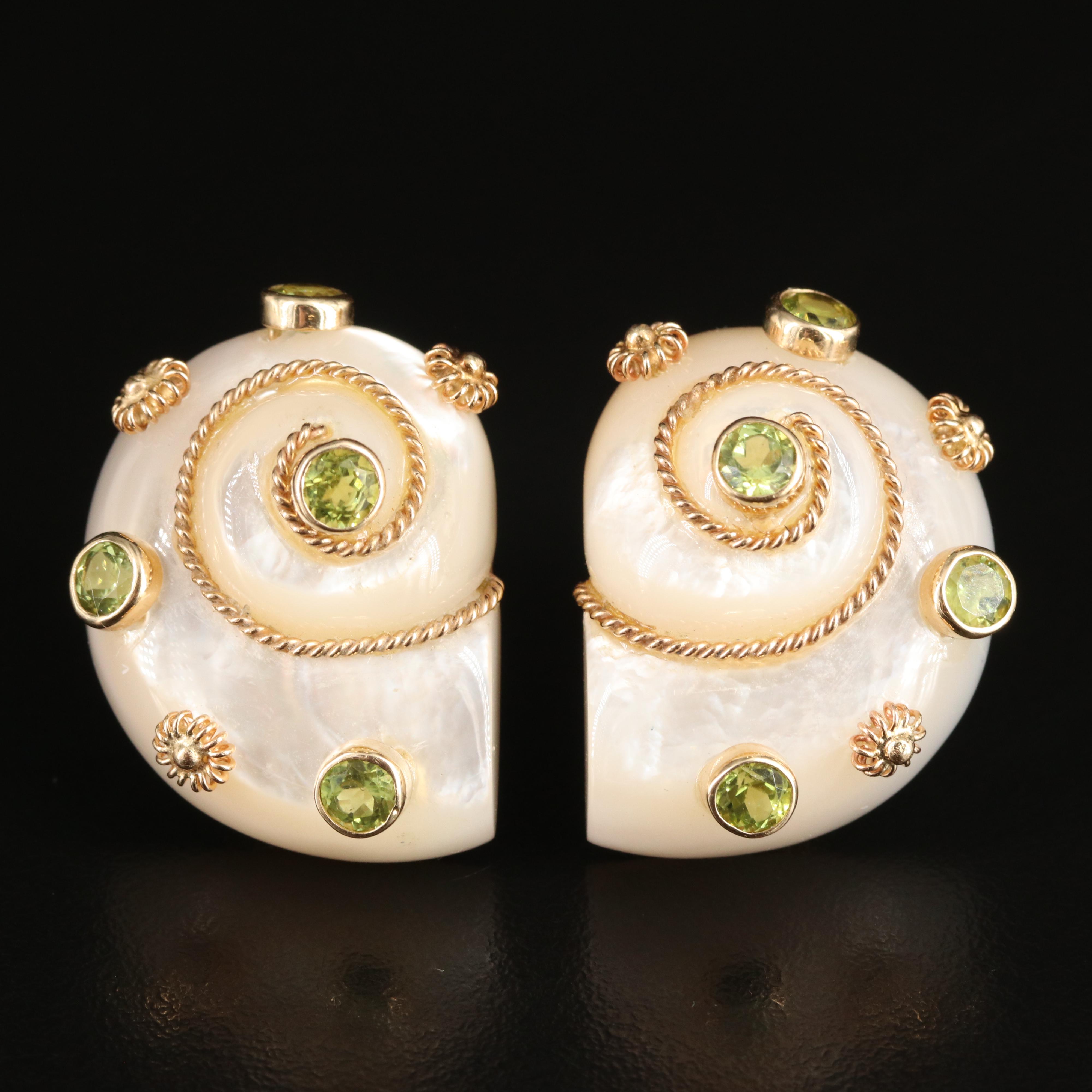 14K Shell and Peridot Earrings