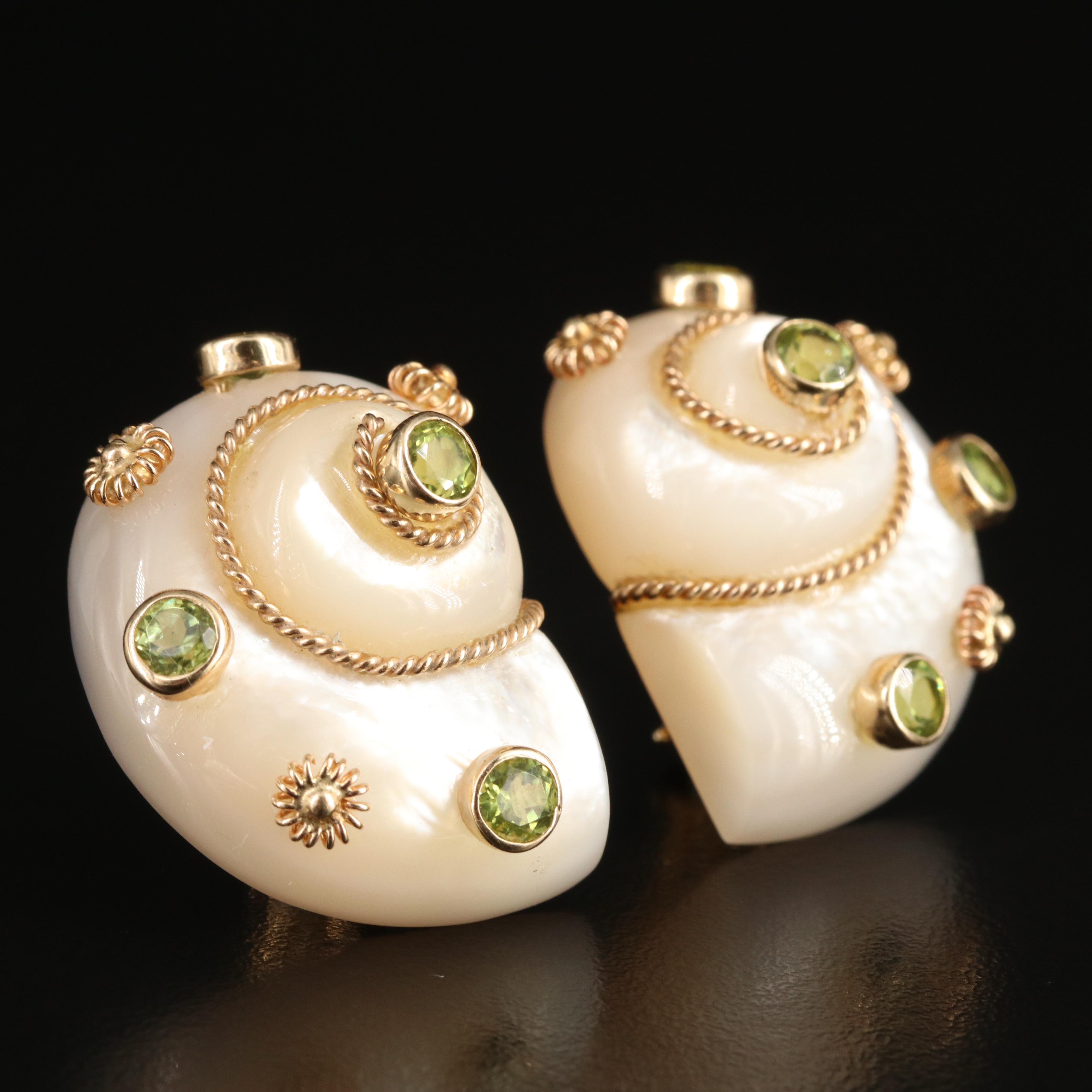14K Shell and Peridot Earrings