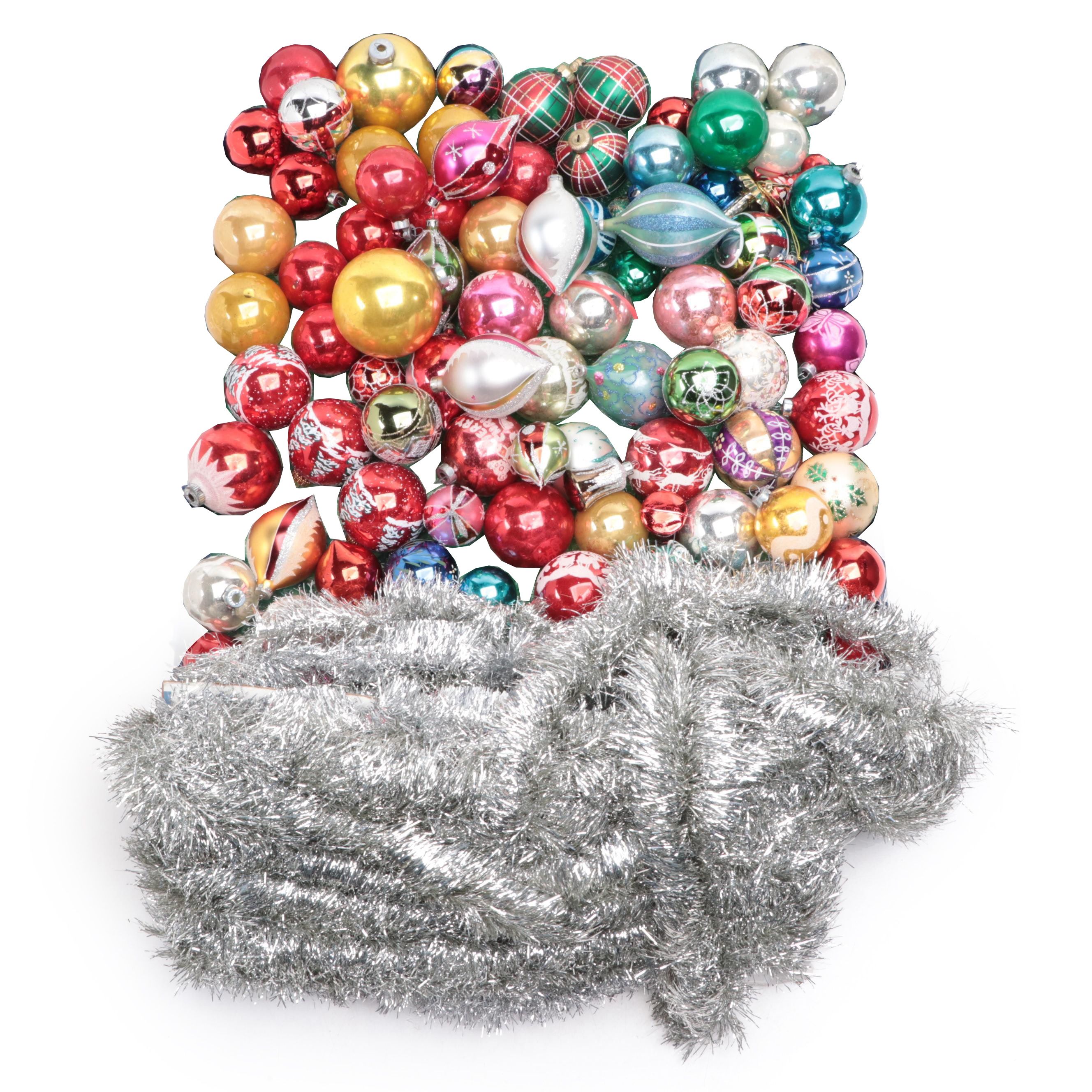 Shiny Brite and Other Glass Christmas Ornaments With Garland, Mid to Late 20th C