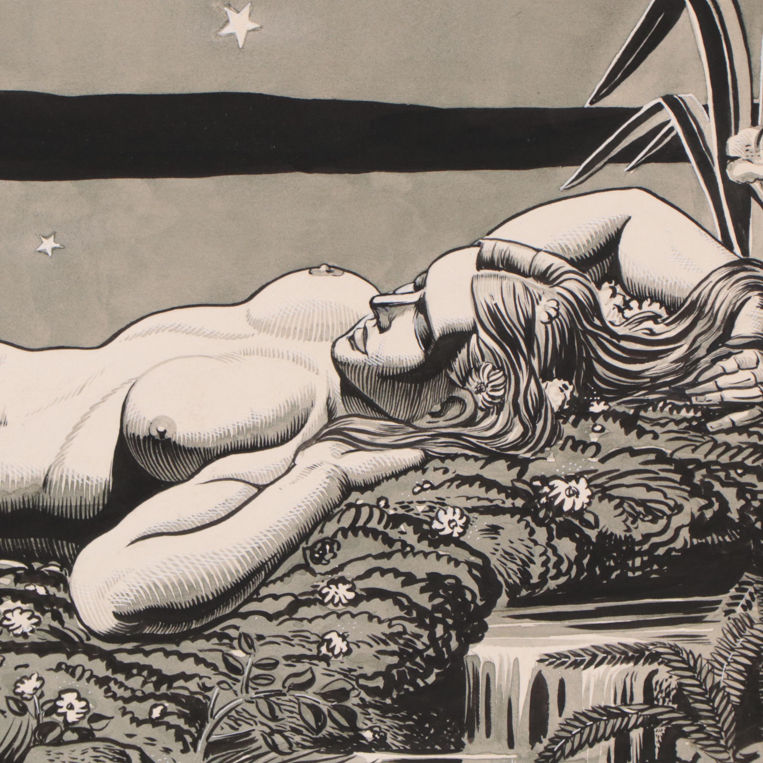 Dan Burne Jones Watercolor and Ink Painting of Reclining Nude, Circa 1939