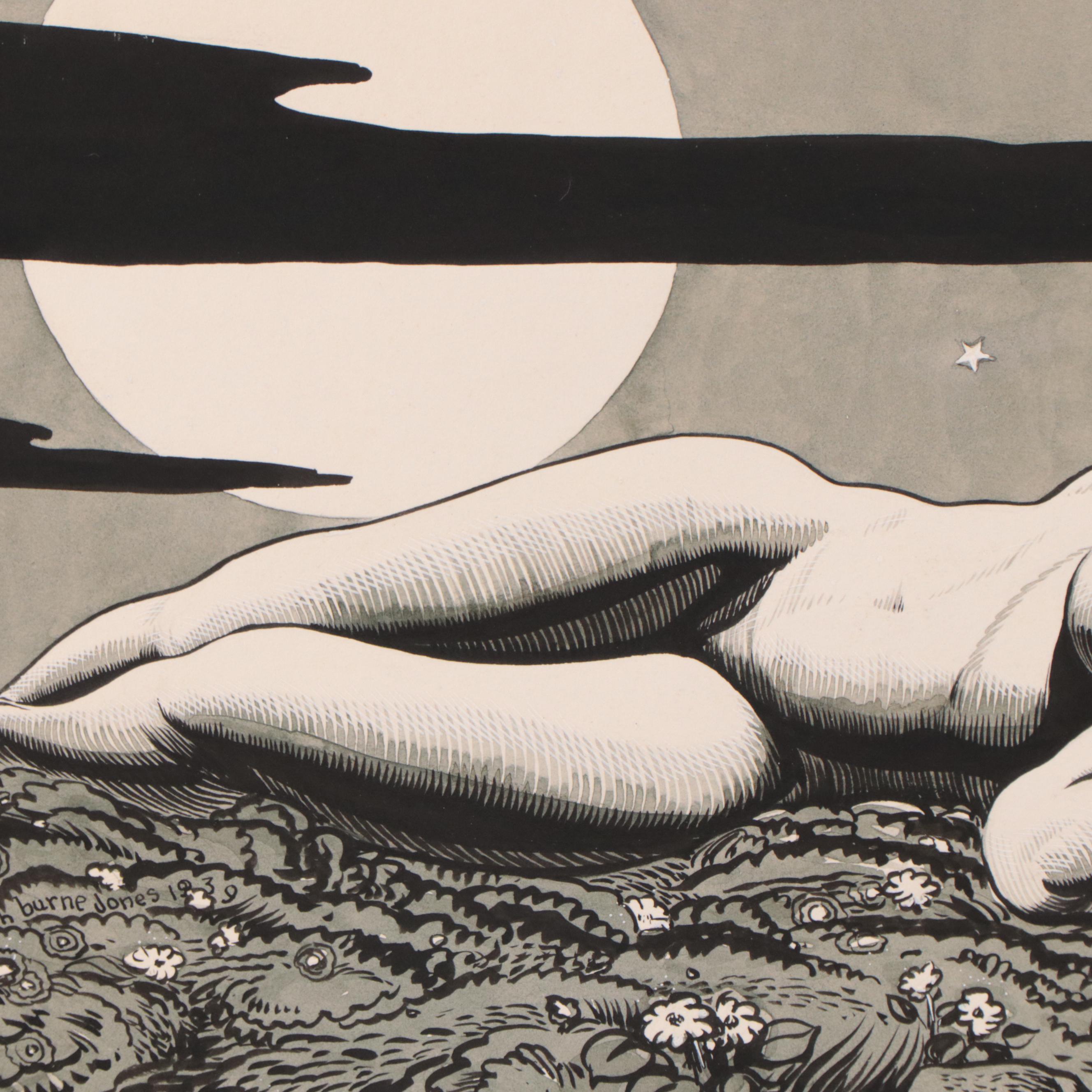 Dan Burne Jones Watercolor and Ink Painting of Reclining Nude, Circa 1939