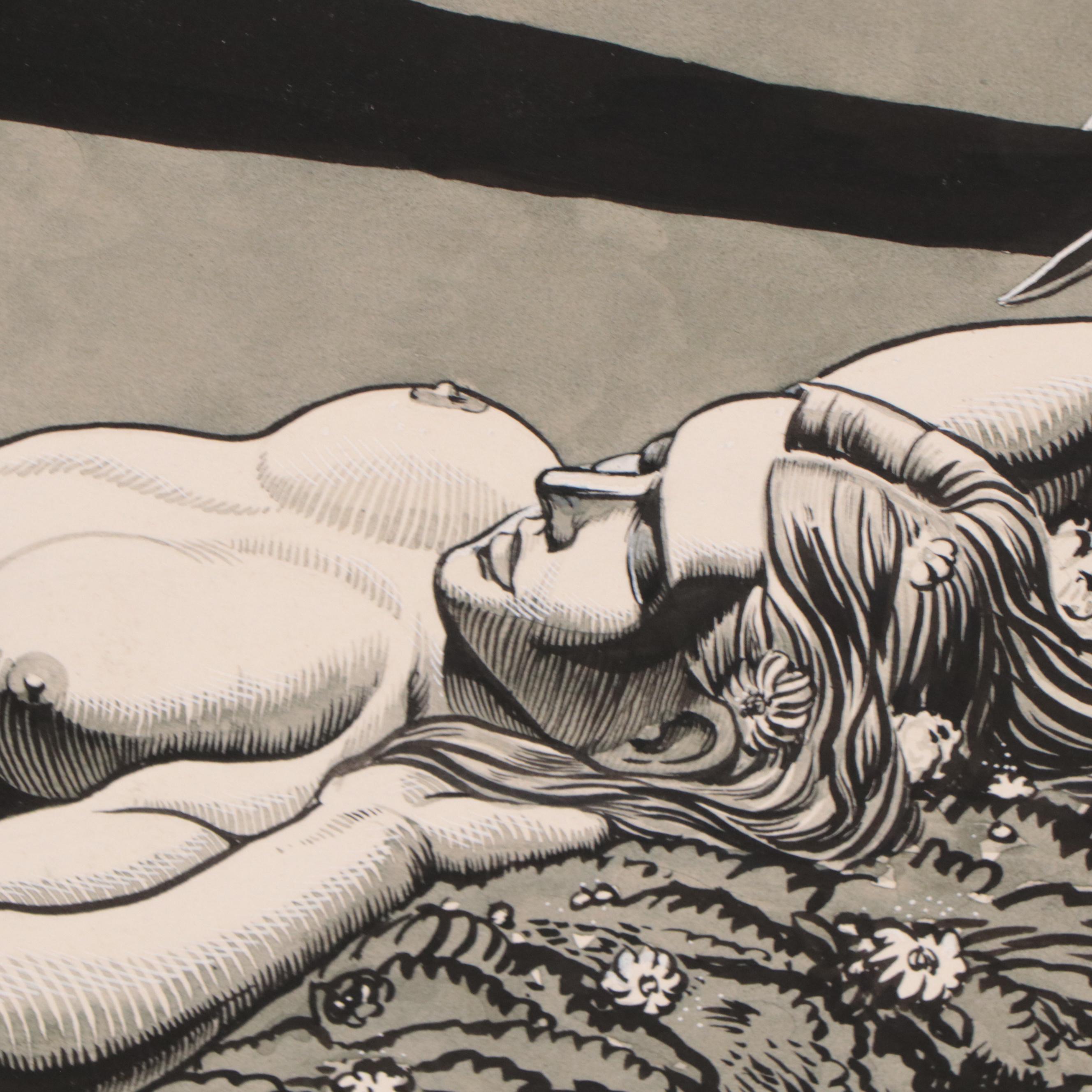 Dan Burne Jones Watercolor and Ink Painting of Reclining Nude, Circa 1939