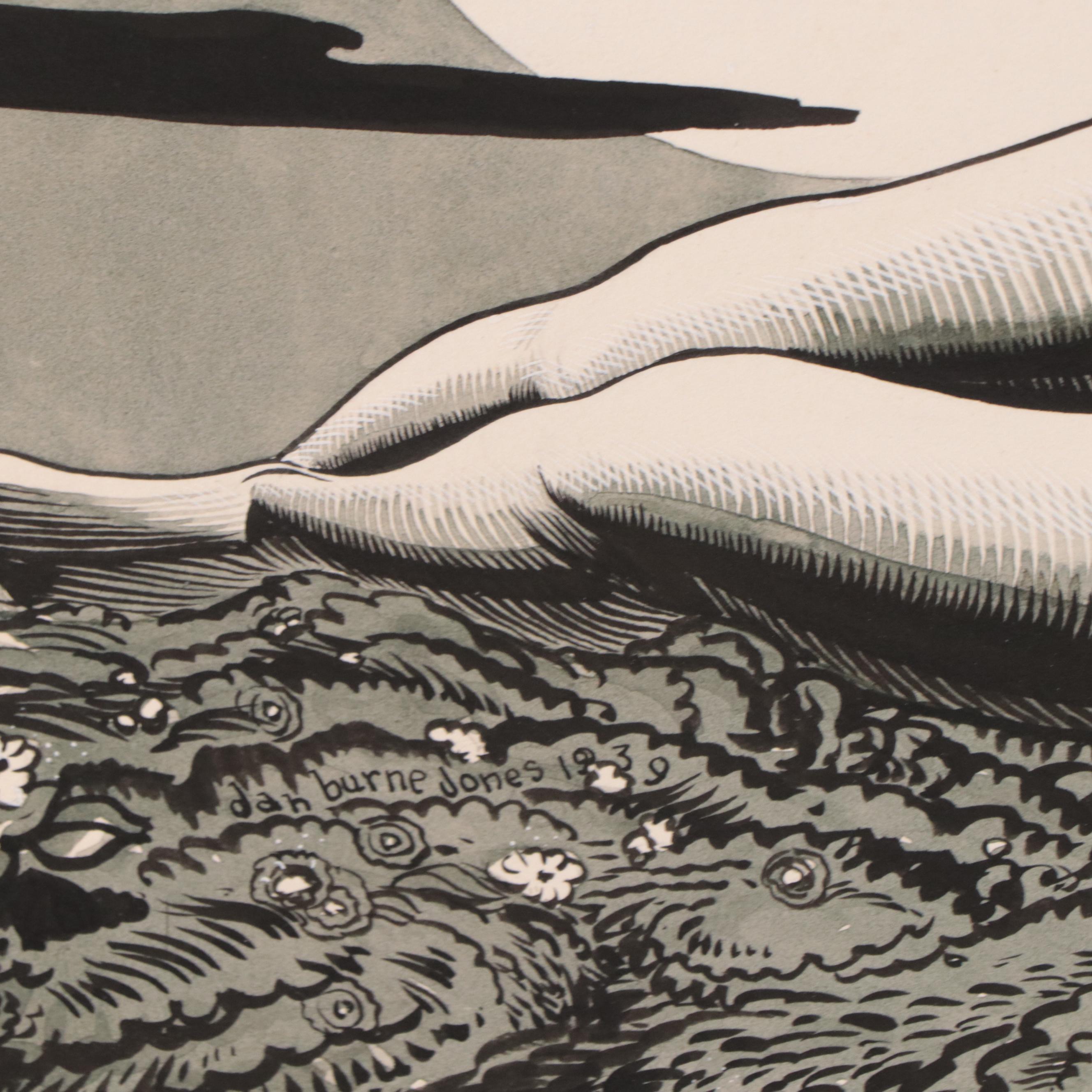 Dan Burne Jones Watercolor and Ink Painting of Reclining Nude, Circa 1939