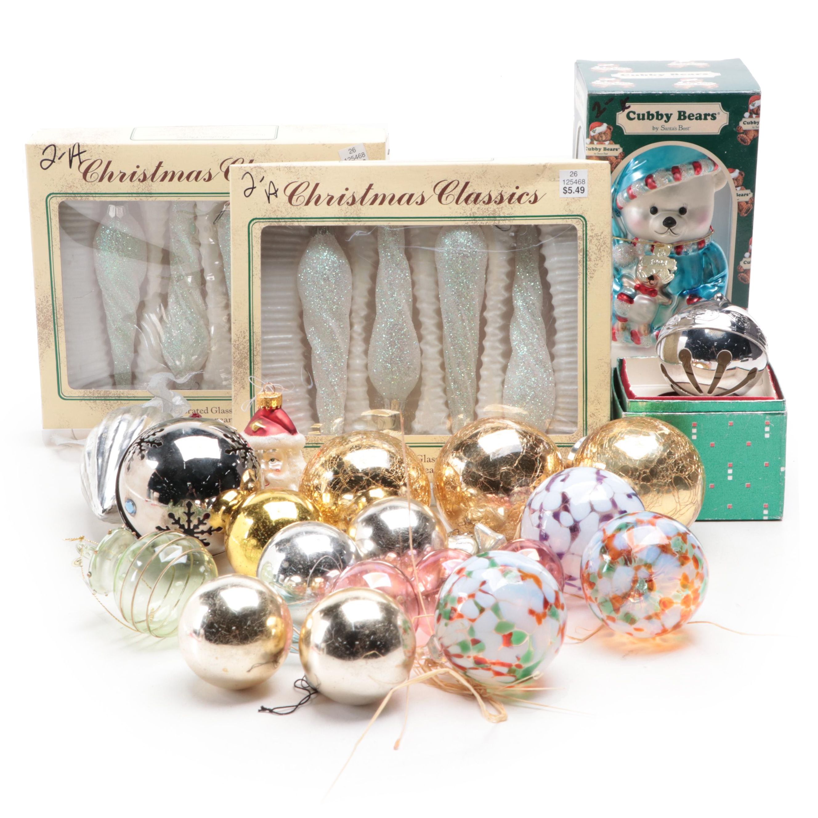 Santa's Best Cubby Bears and Other Glass Christmas Ornaments, Late 20th Century
