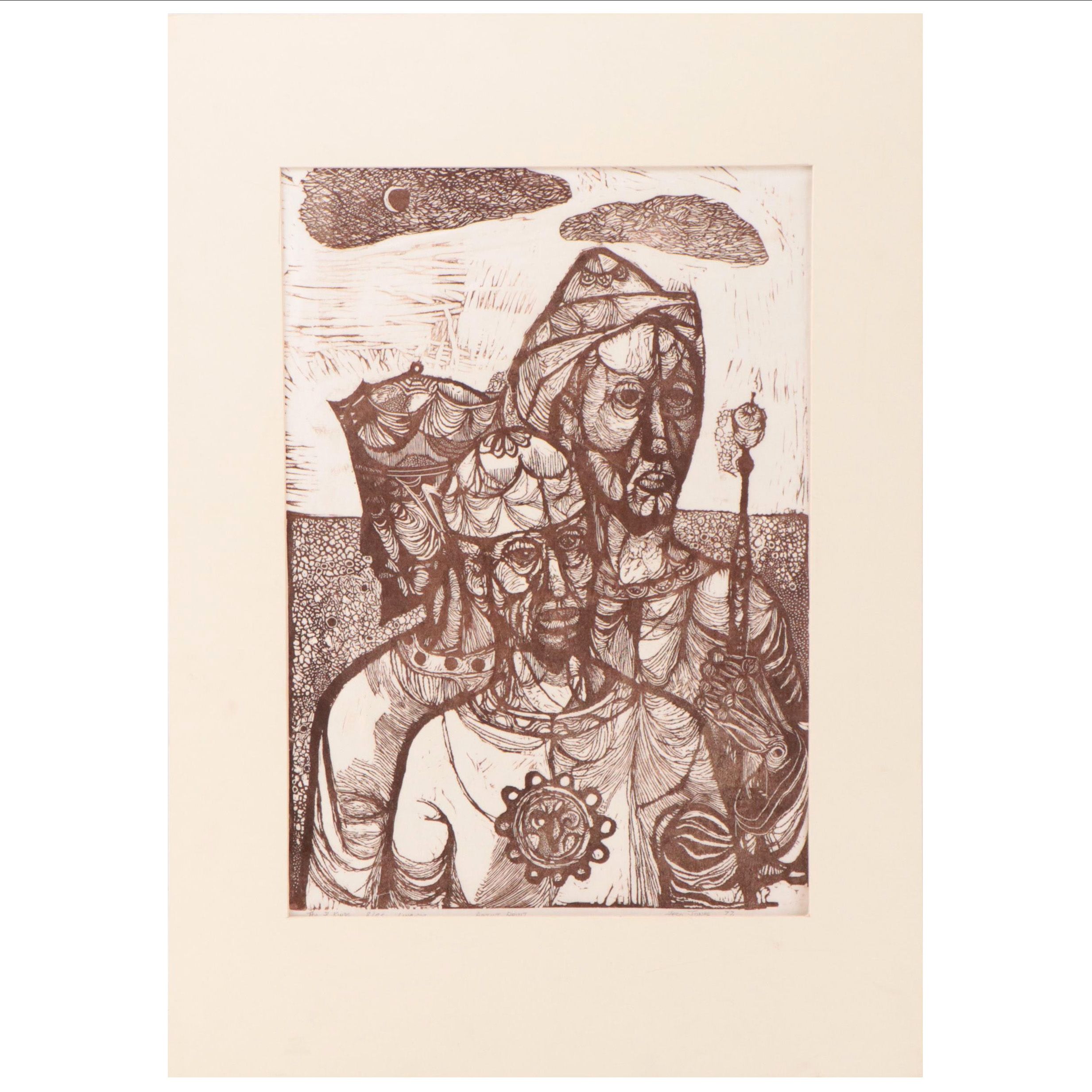 Fred Jones Linocut "The 3 Kings," 1977