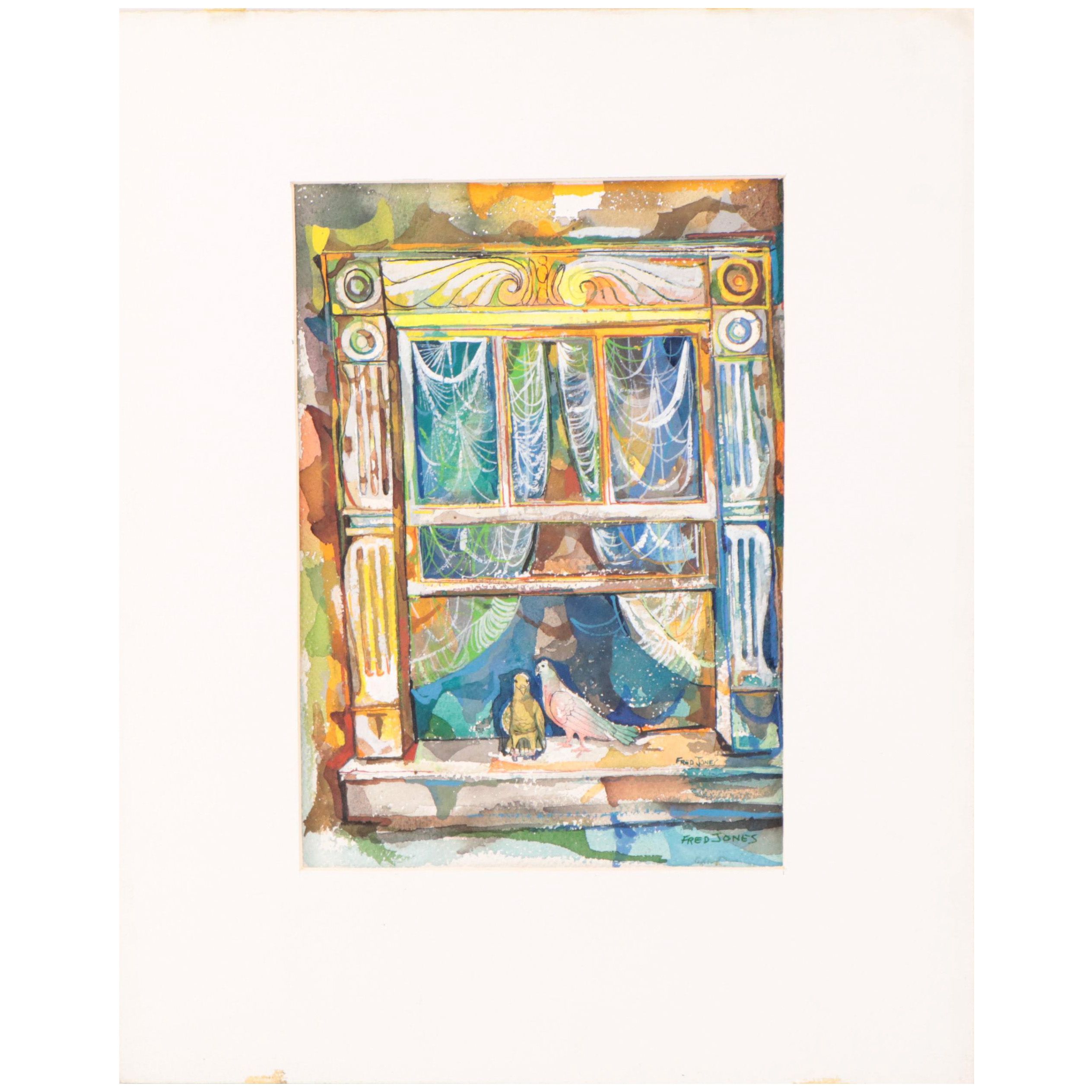 Fred Jones Watercolor Painting of Birds In Window