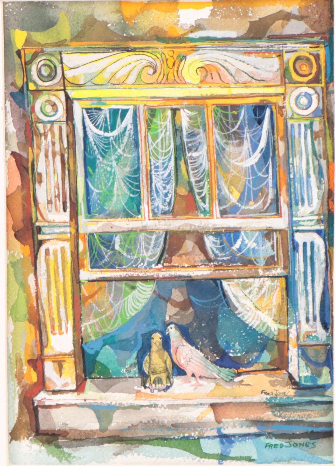 Fred Jones Watercolor Painting of Birds In Window
