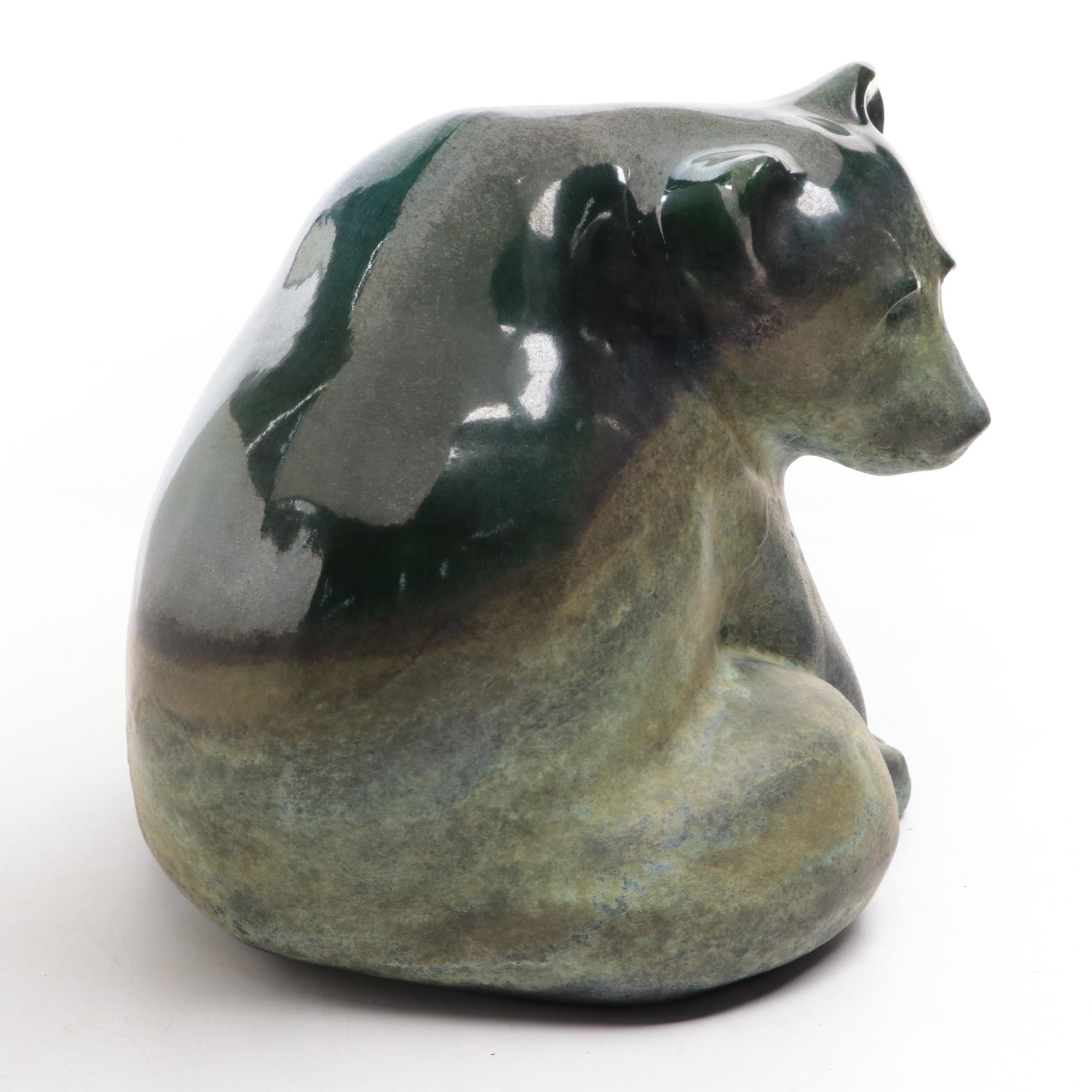 Tony Evans Signed Raku Pottery Seated Bear Figurine
