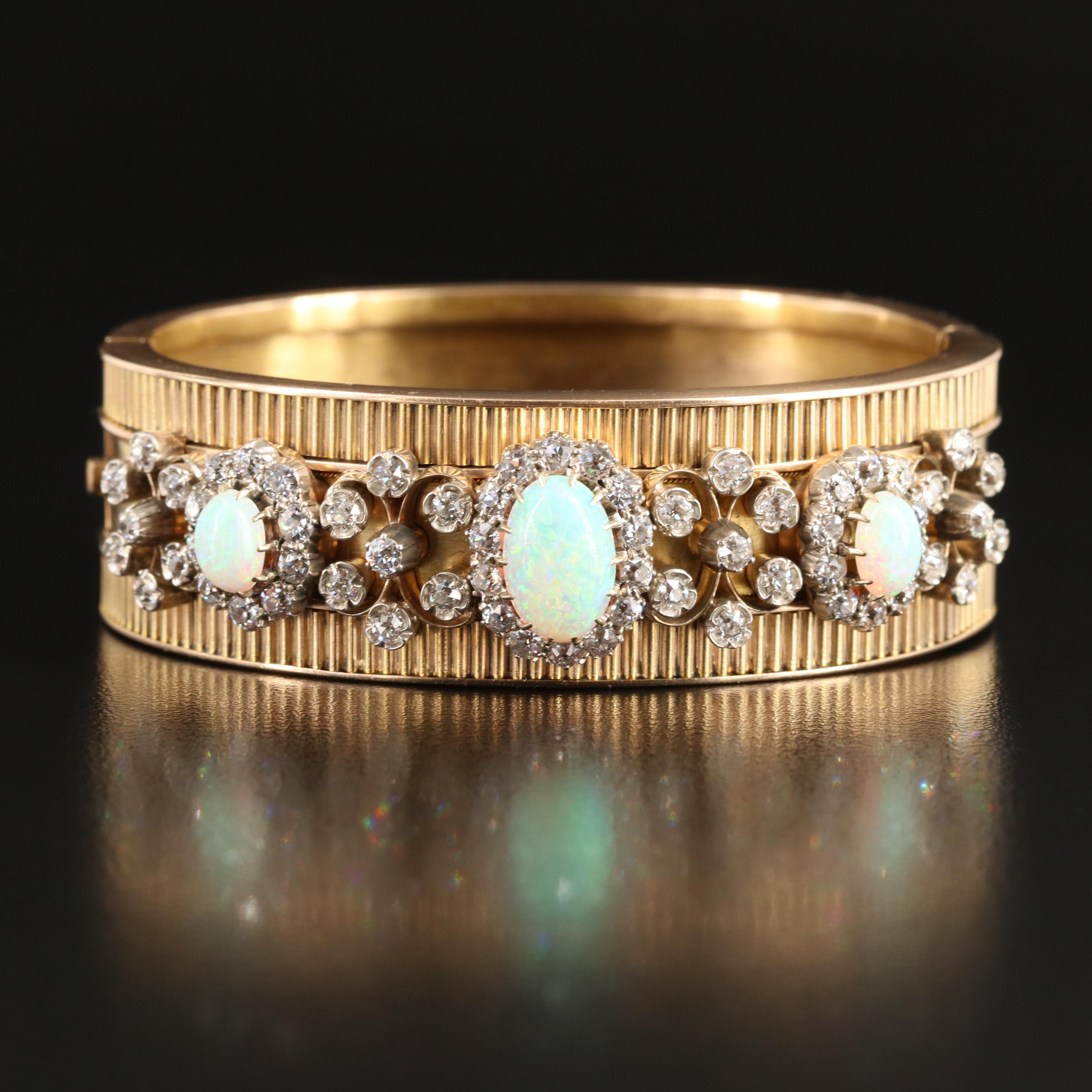 Victorian 14K Opal and 2.60 CTW Diamond Wide Bracelet with Fluted Accents