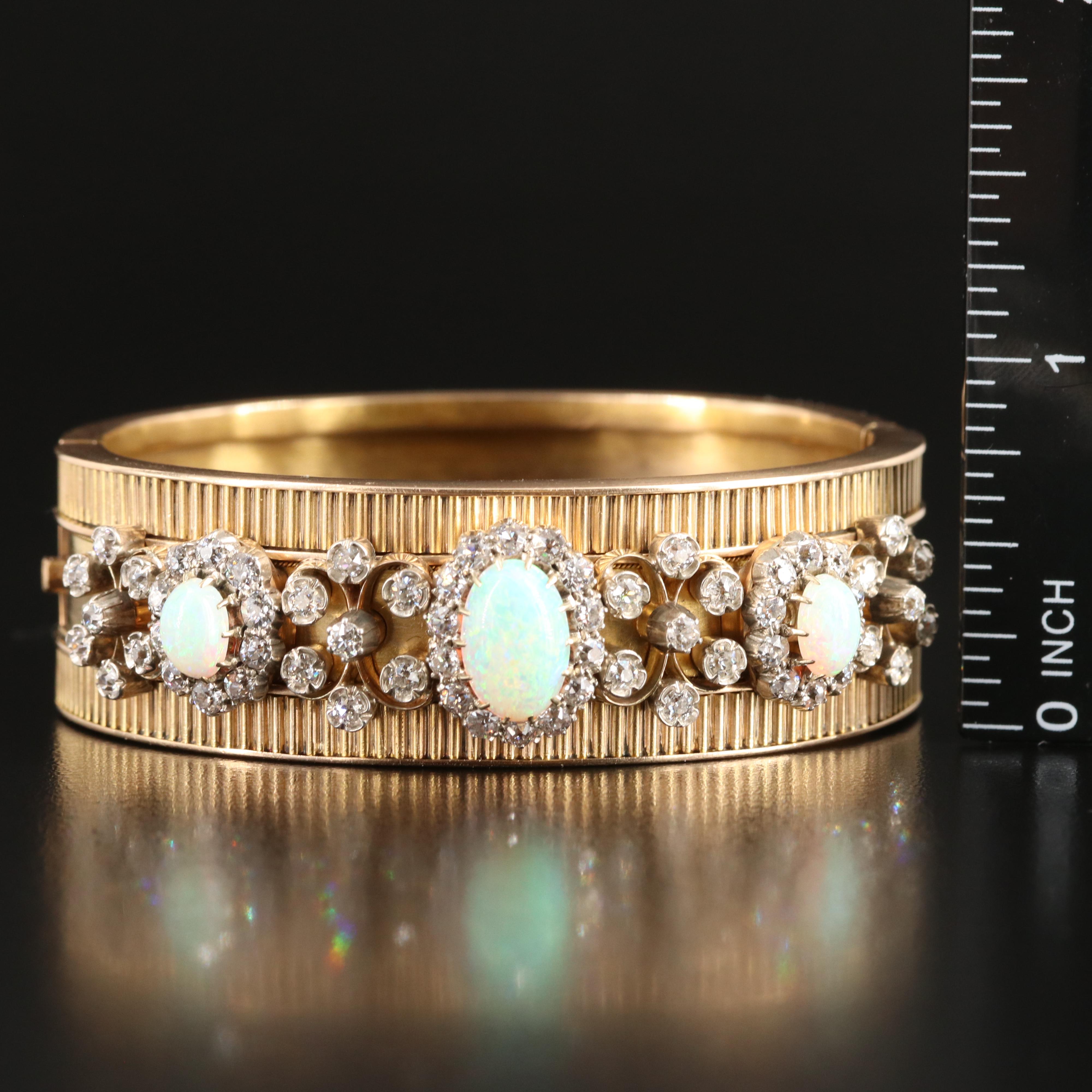 Victorian 14K Opal and 2.60 CTW Diamond Wide Bracelet with Fluted Accents