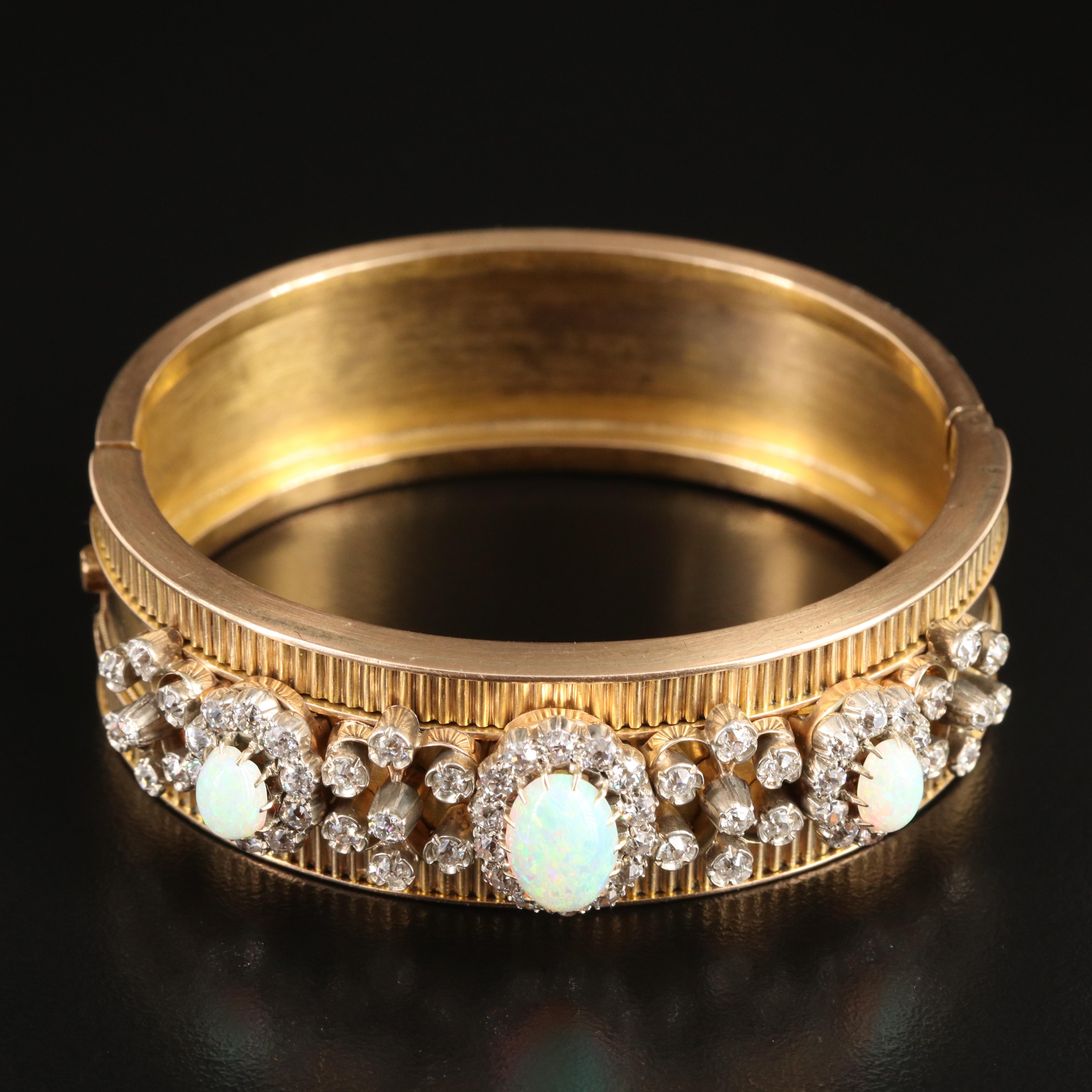 Victorian 14K Opal and 2.60 CTW Diamond Wide Bracelet with Fluted Accents