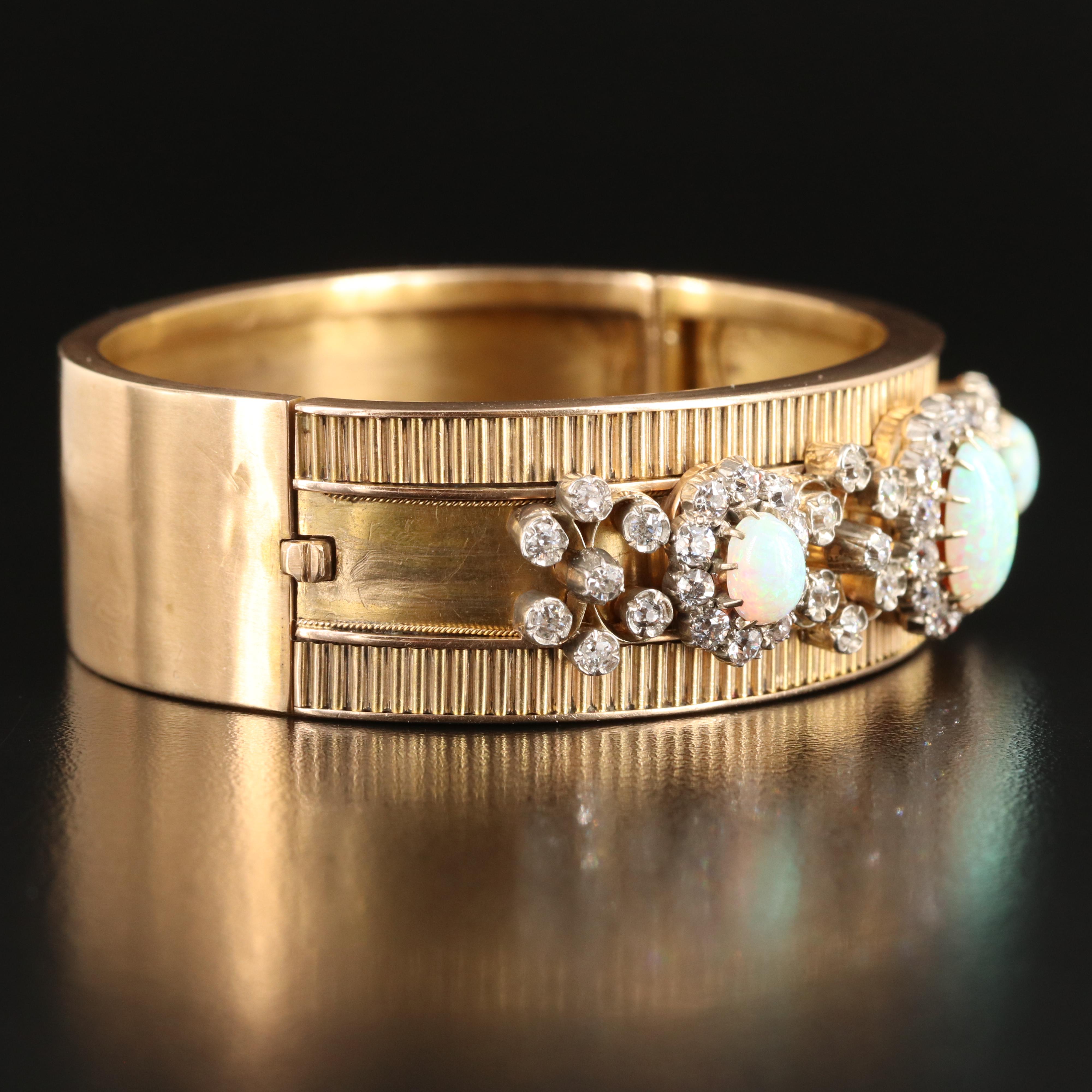 Victorian 14K Opal and 2.60 CTW Diamond Wide Bracelet with Fluted Accents