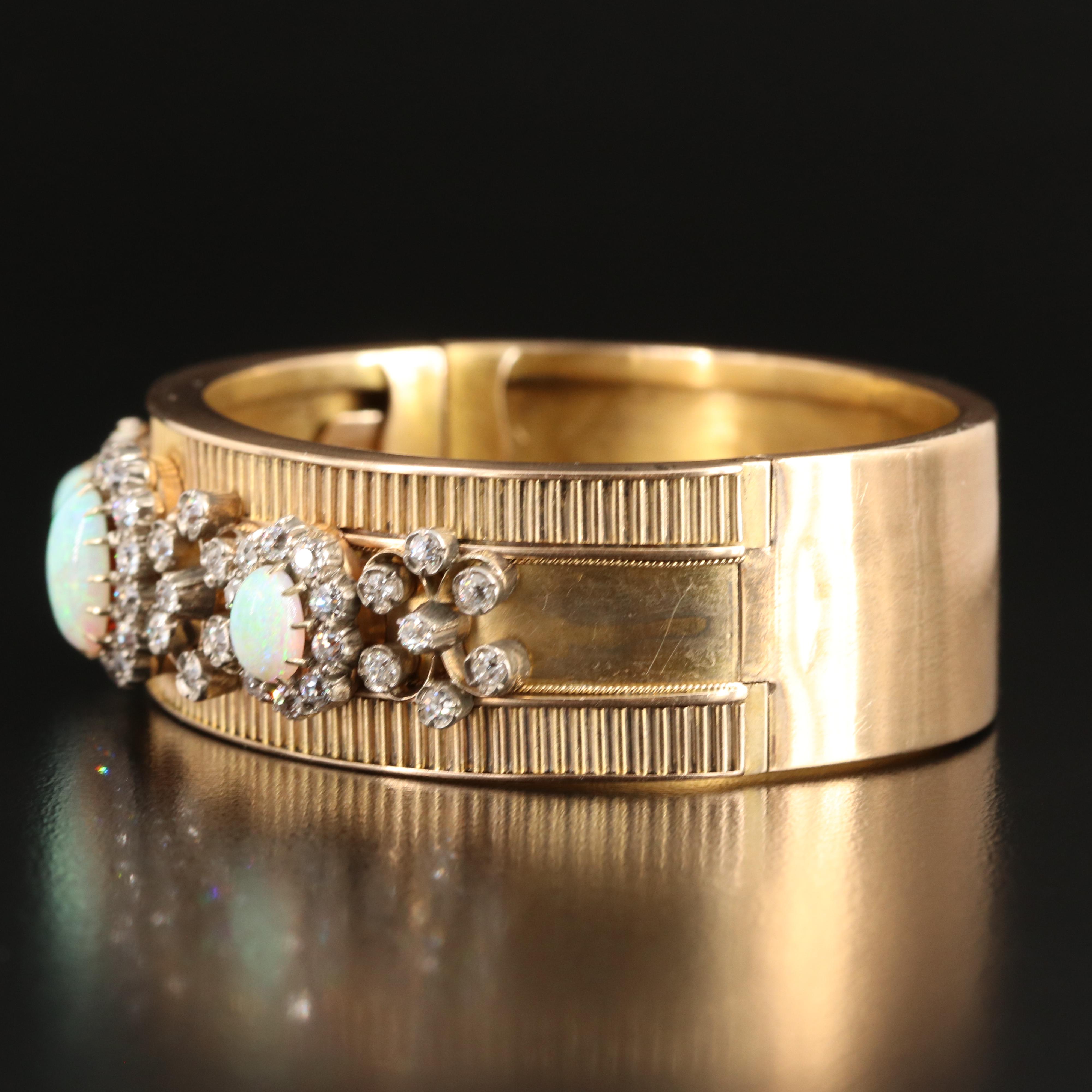 Victorian 14K Opal and 2.60 CTW Diamond Wide Bracelet with Fluted Accents