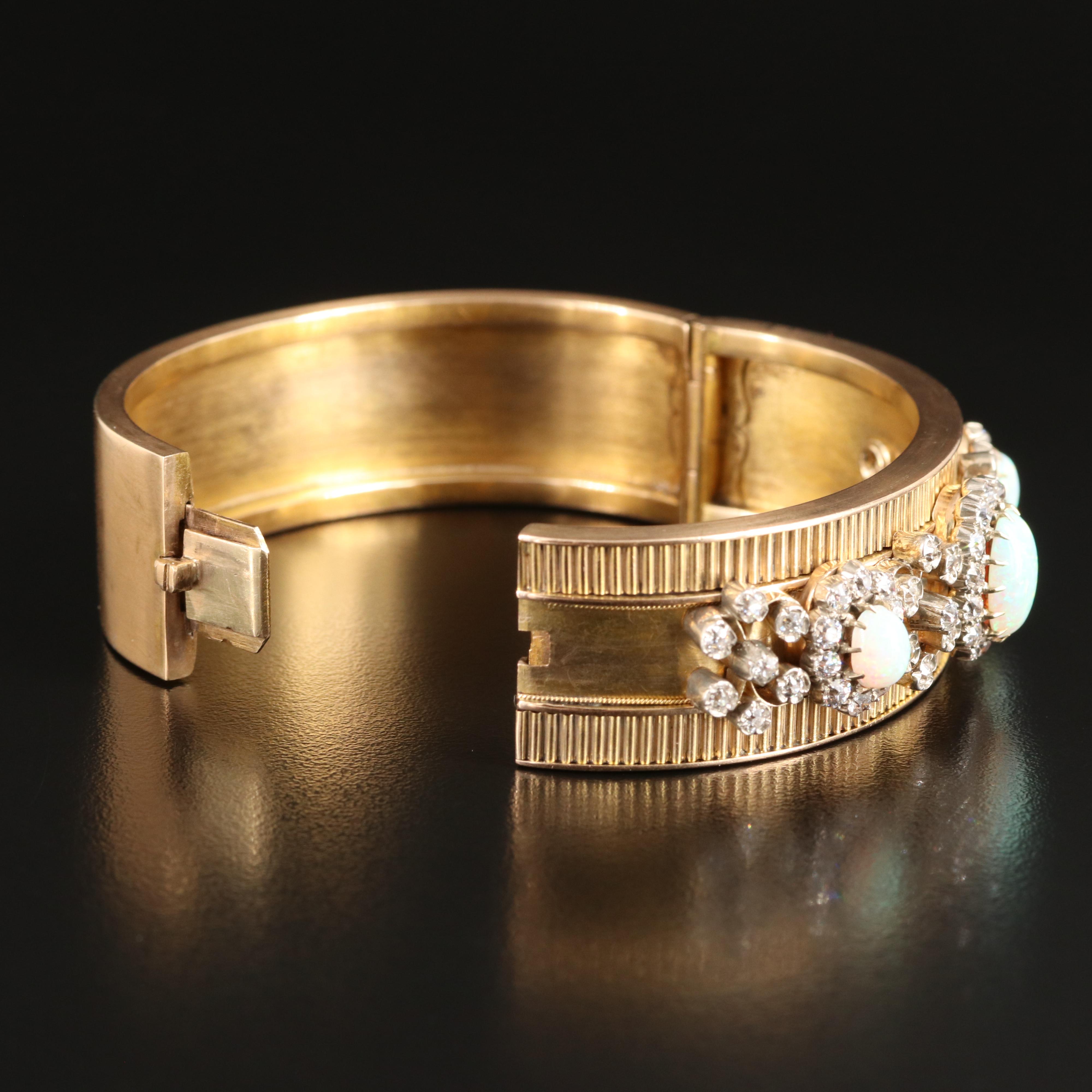 Victorian 14K Opal and 2.60 CTW Diamond Wide Bracelet with Fluted Accents