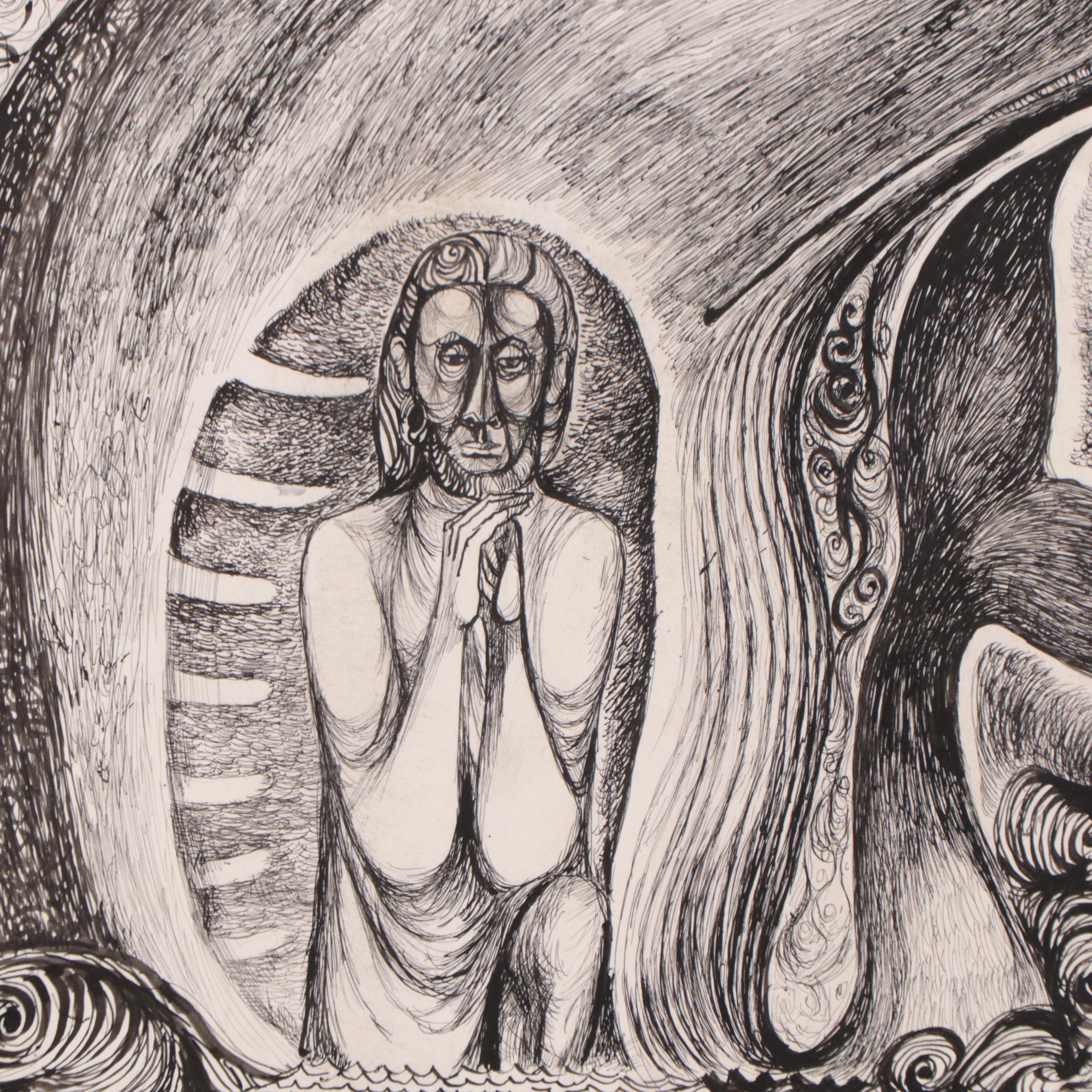 Fred Jones Ink Drawing of Figure In Whale