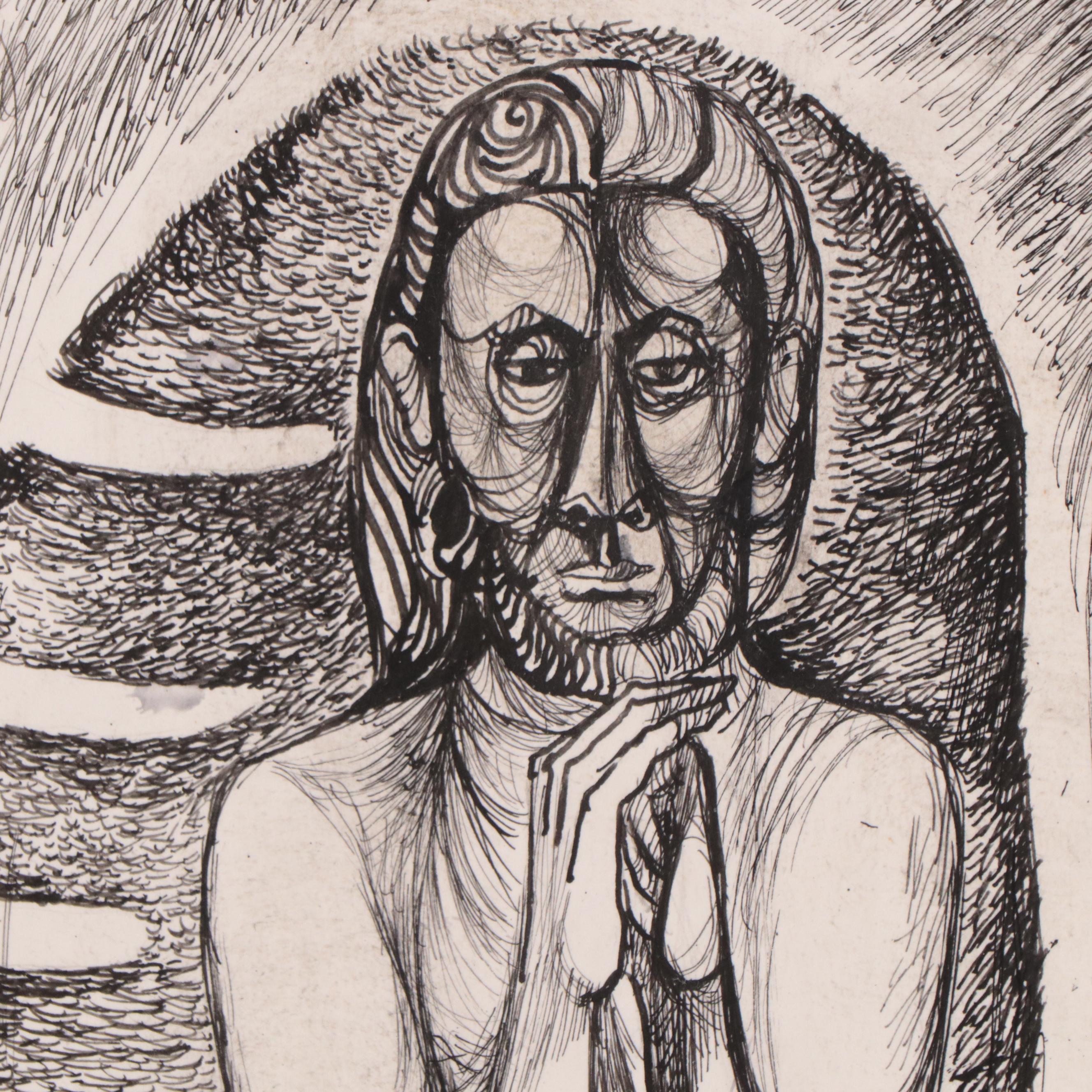 Fred Jones Ink Drawing of Figure In Whale