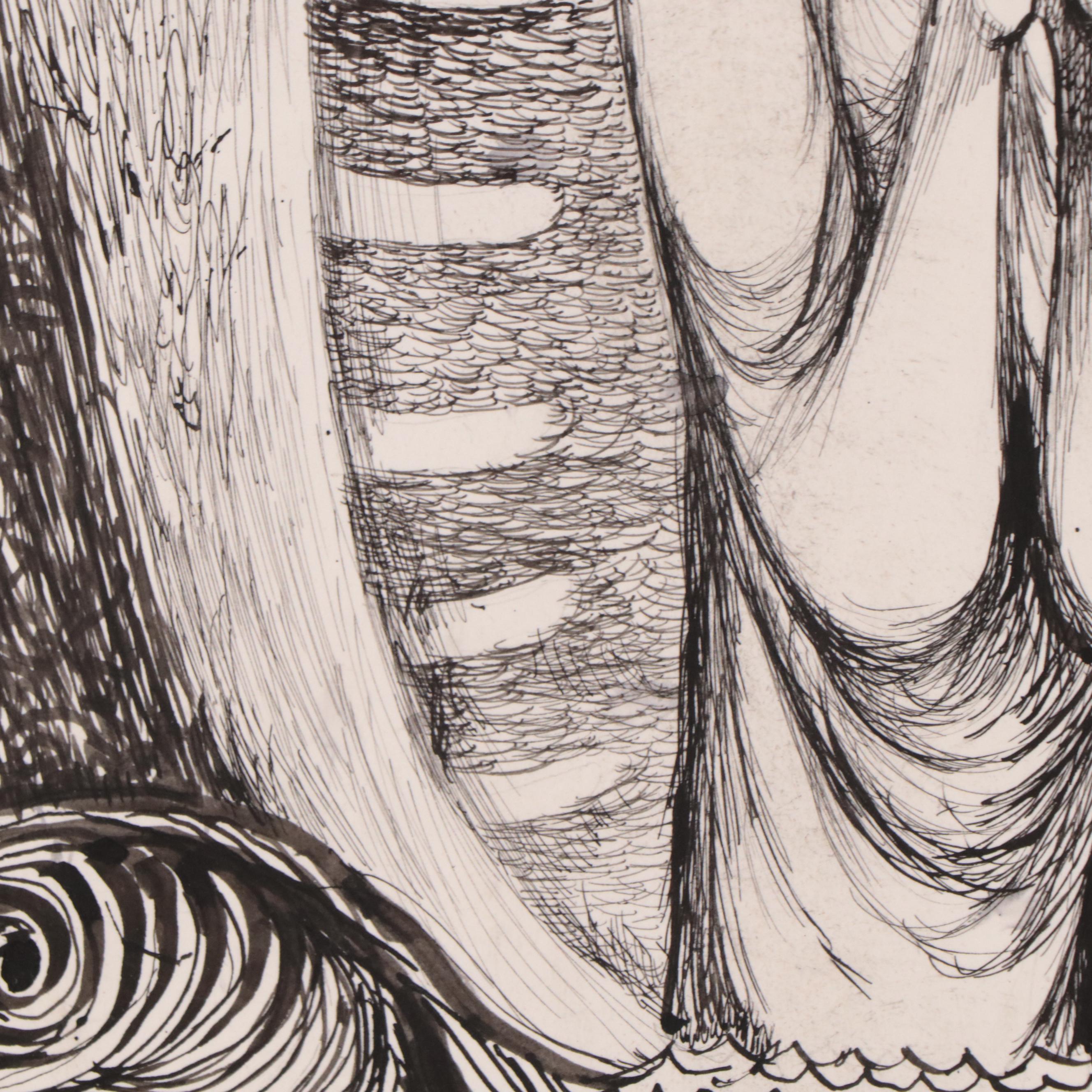 Fred Jones Ink Drawing of Figure In Whale