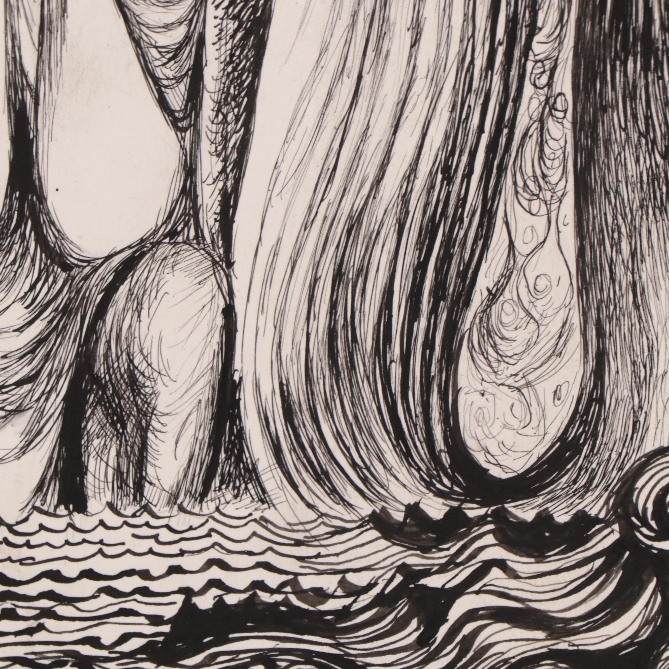 Fred Jones Ink Drawing of Figure In Whale