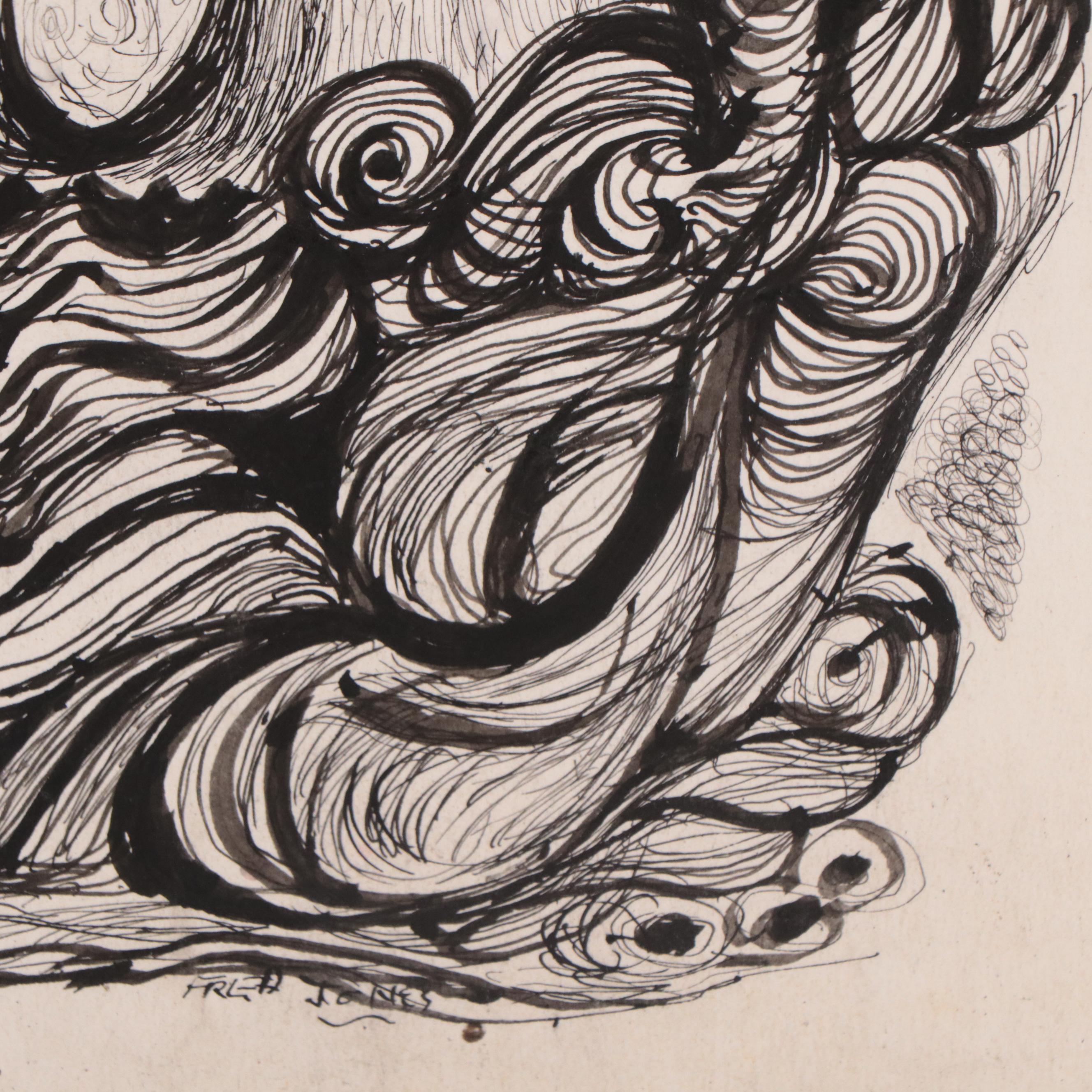 Fred Jones Ink Drawing of Figure In Whale