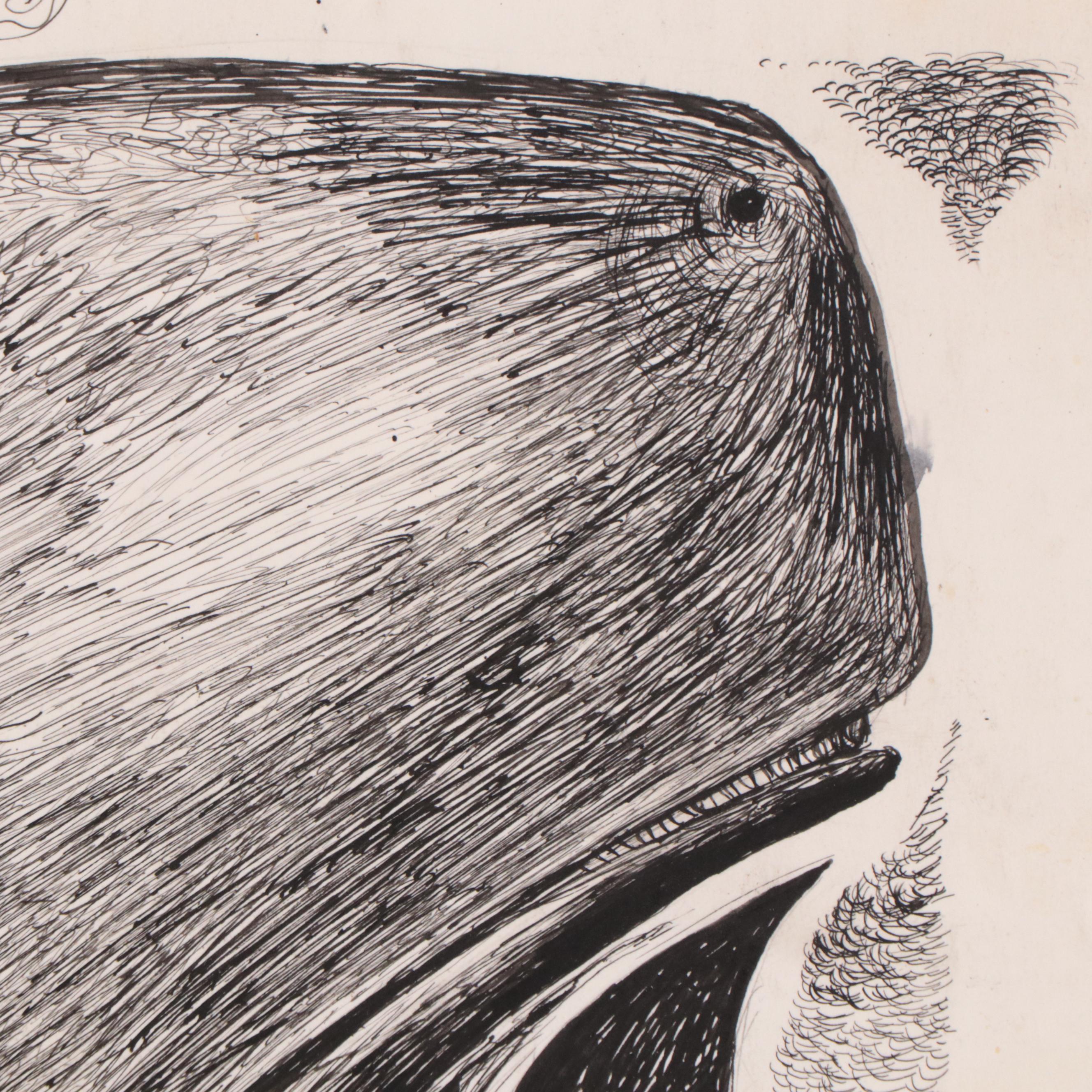 Fred Jones Ink Drawing of Figure In Whale
