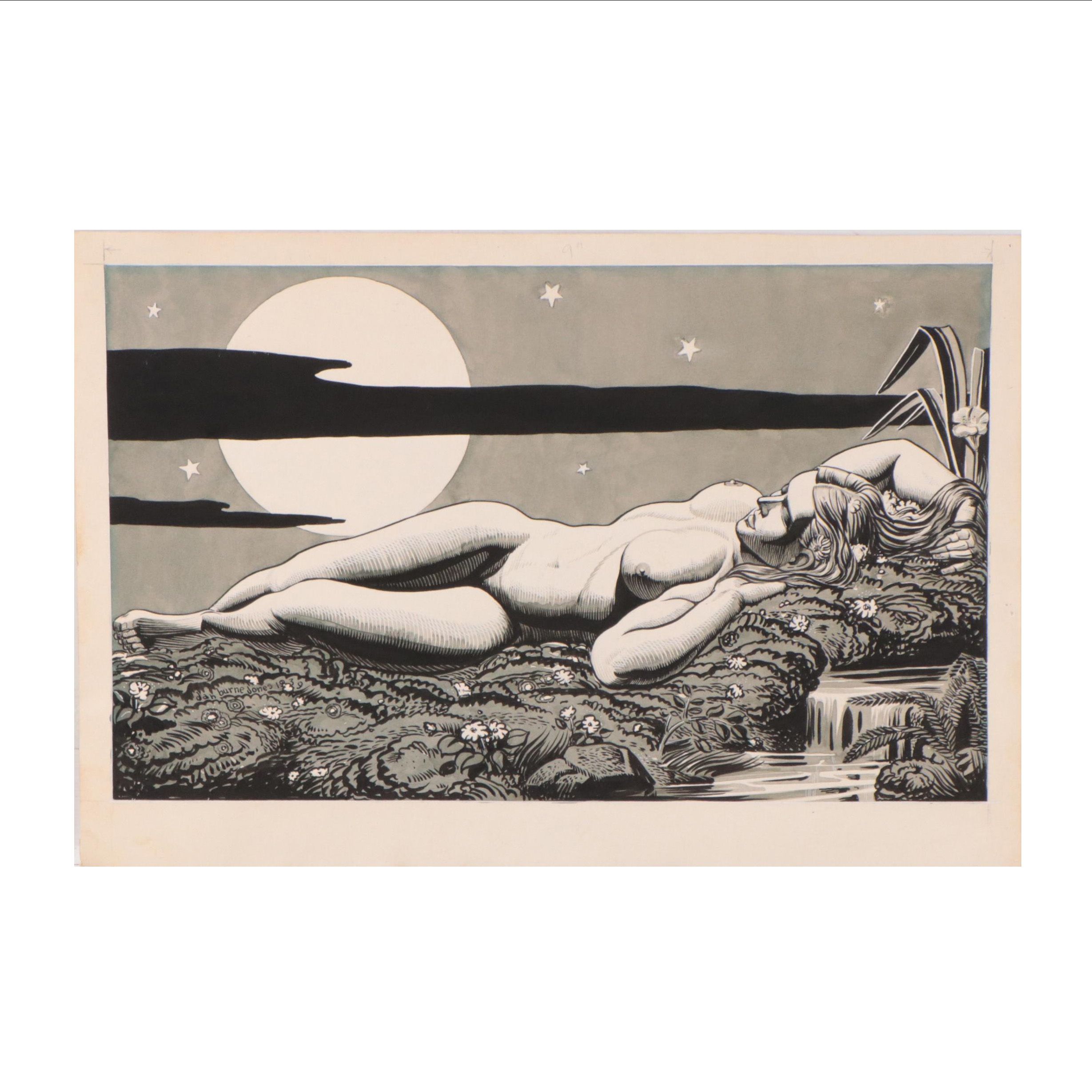 Dan Burne Jones Watercolor and Ink Painting of Reclining Nude, Circa 1939