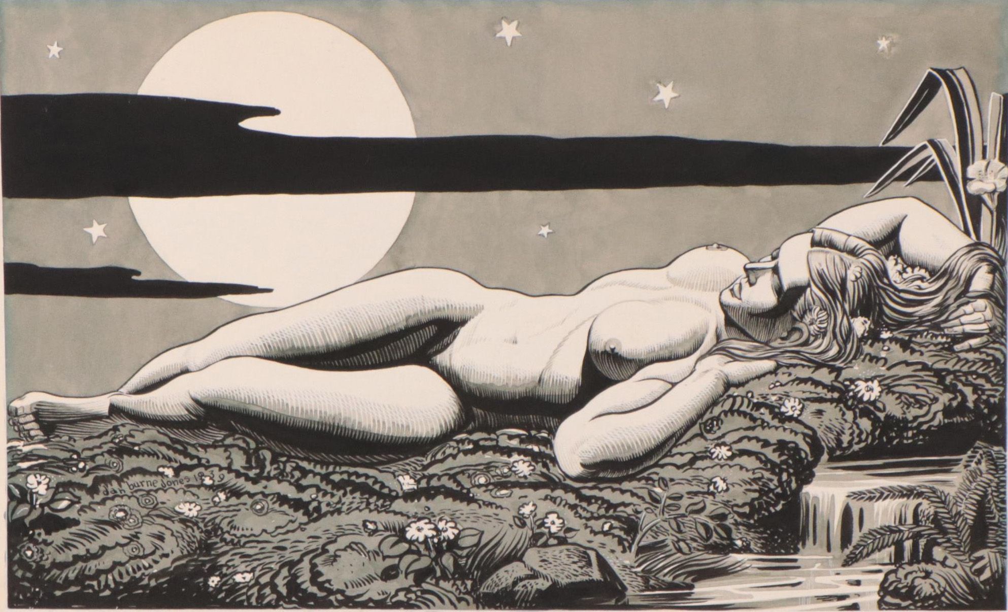 Dan Burne Jones Watercolor and Ink Painting of Reclining Nude, Circa 1939