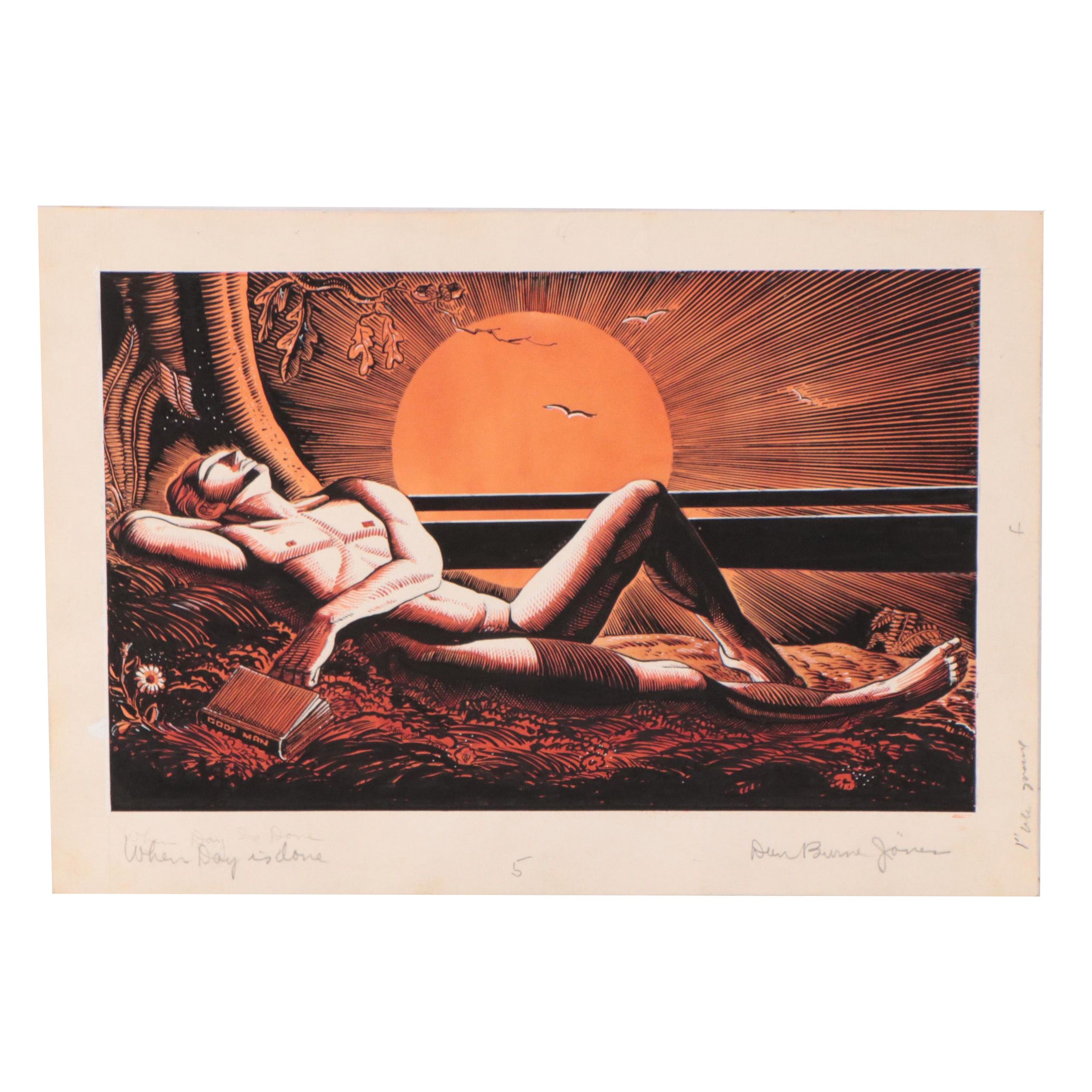 Dan Burne Jones Watercolor and Ink Painting "When Day Is Done," Circa 1939