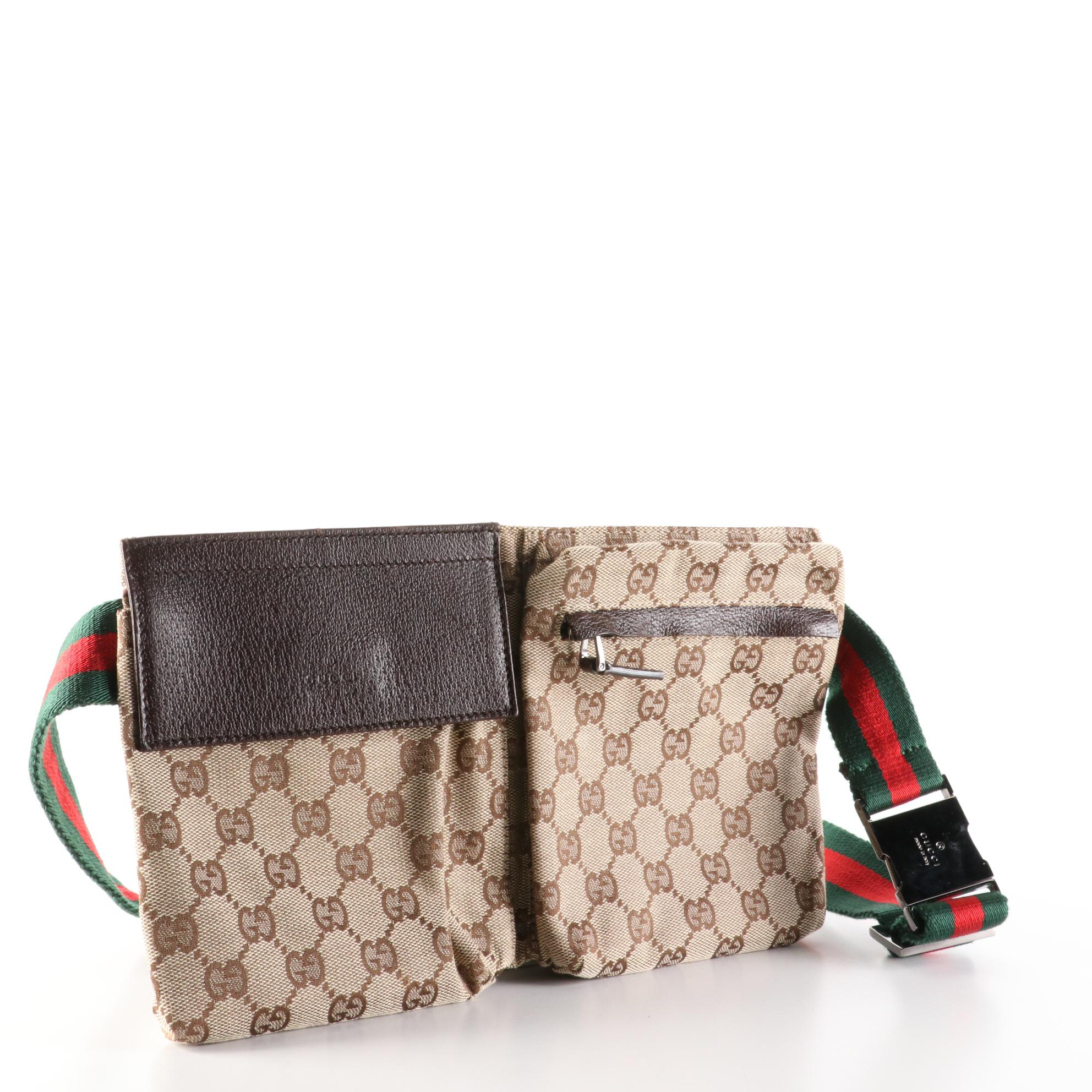 Gucci Web Strap Belt Bag in GG Canvas and Brown Textured Leather
