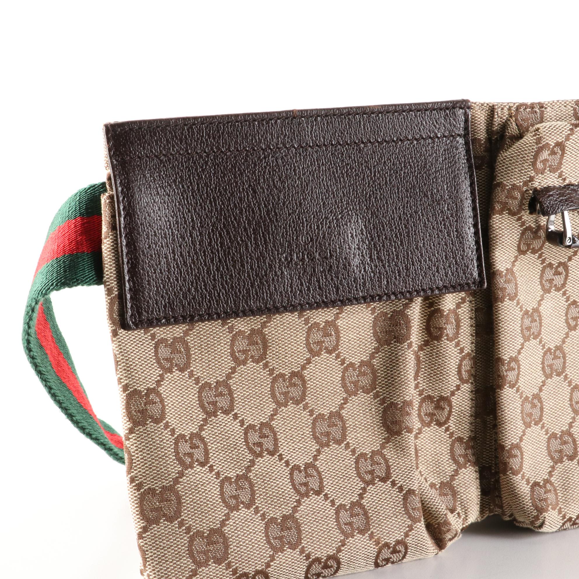 Gucci Web Strap Belt Bag in GG Canvas and Brown Textured Leather