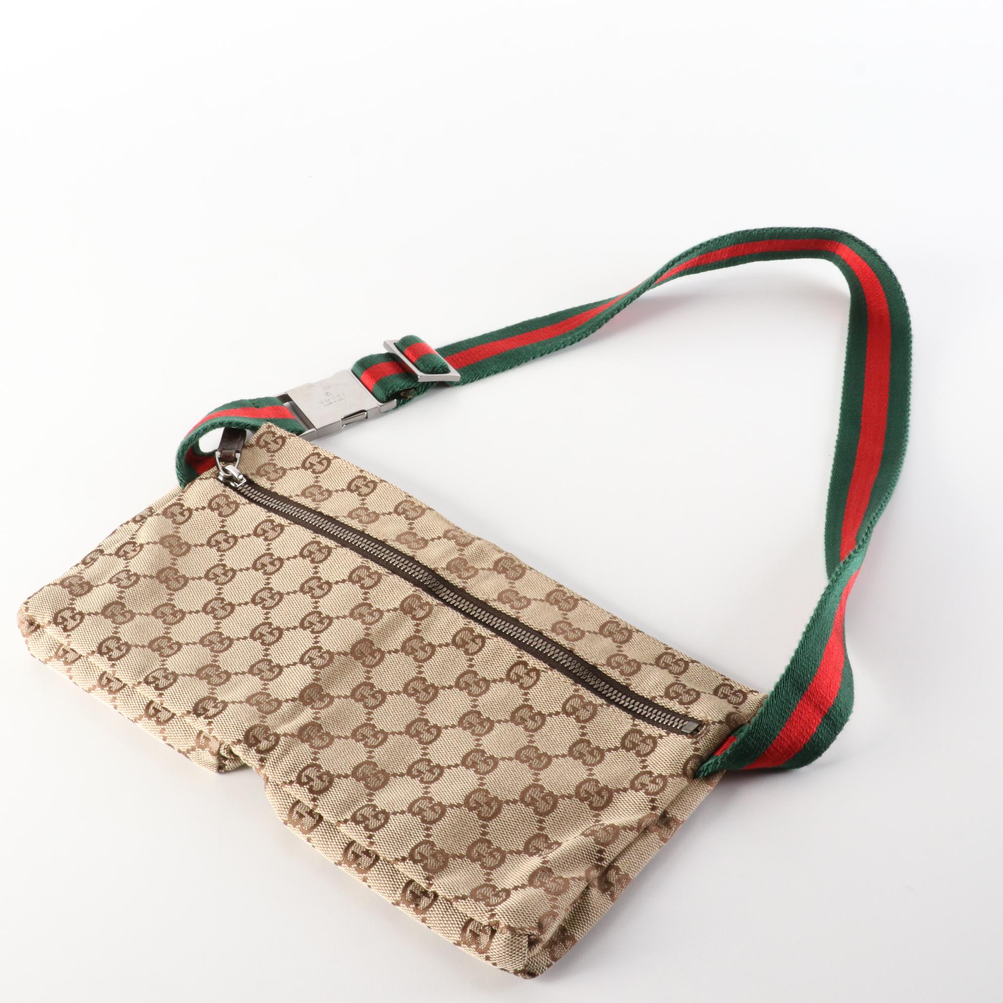 Gucci Web Strap Belt Bag in GG Canvas and Brown Textured Leather