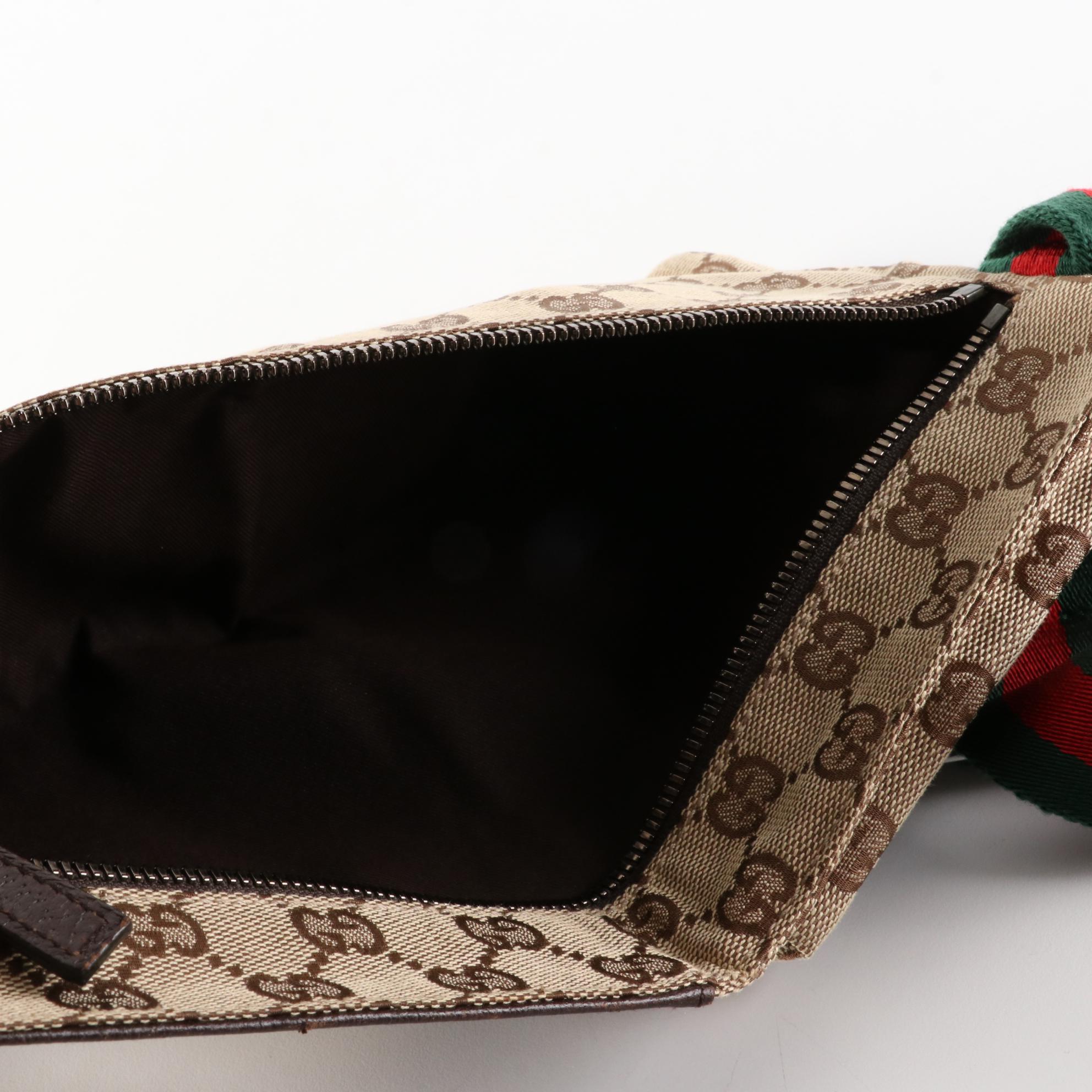 Gucci Web Strap Belt Bag in GG Canvas and Brown Textured Leather