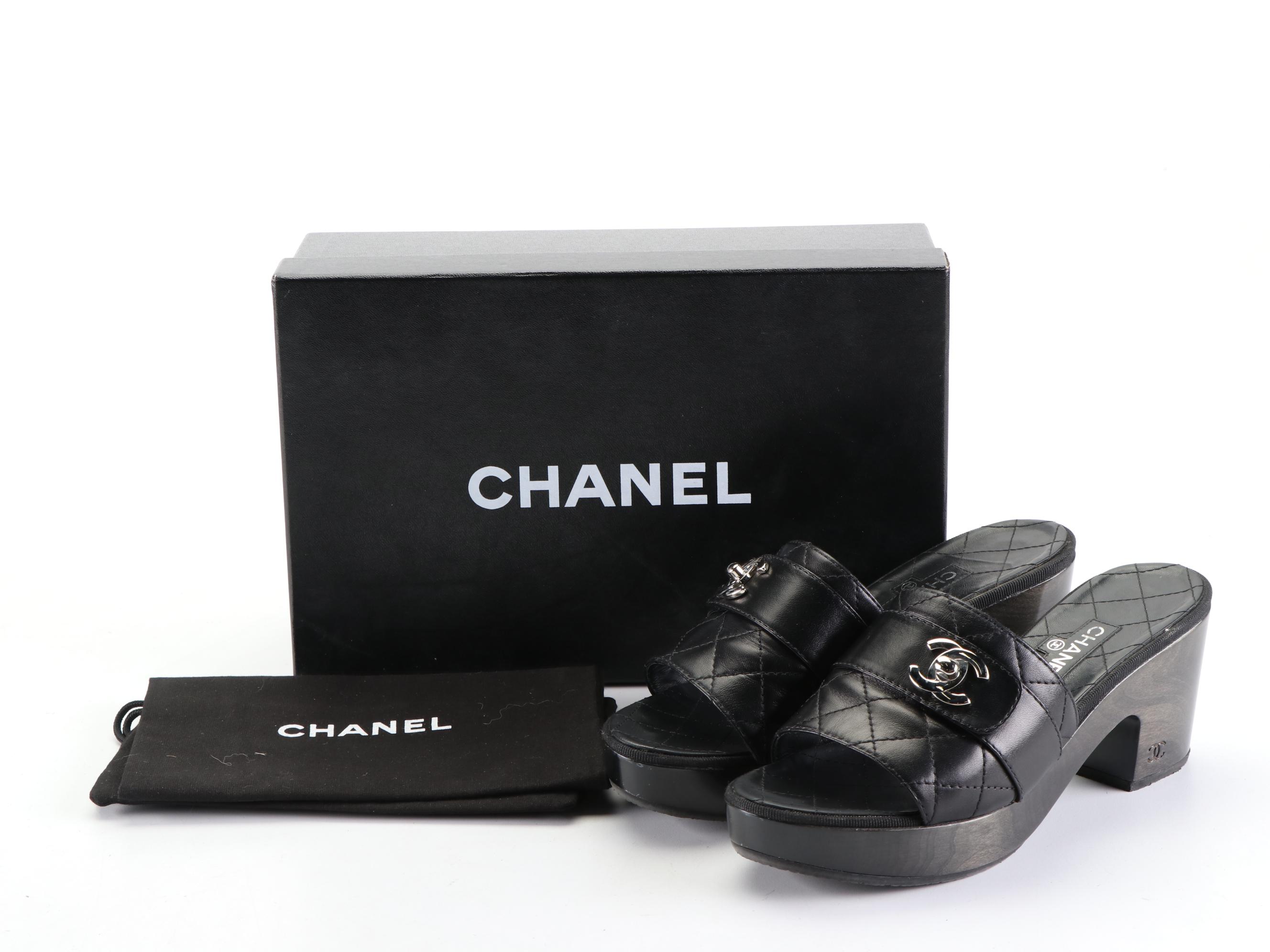 Chanel CC Platform Mules in Quilted Lambskin with Box
