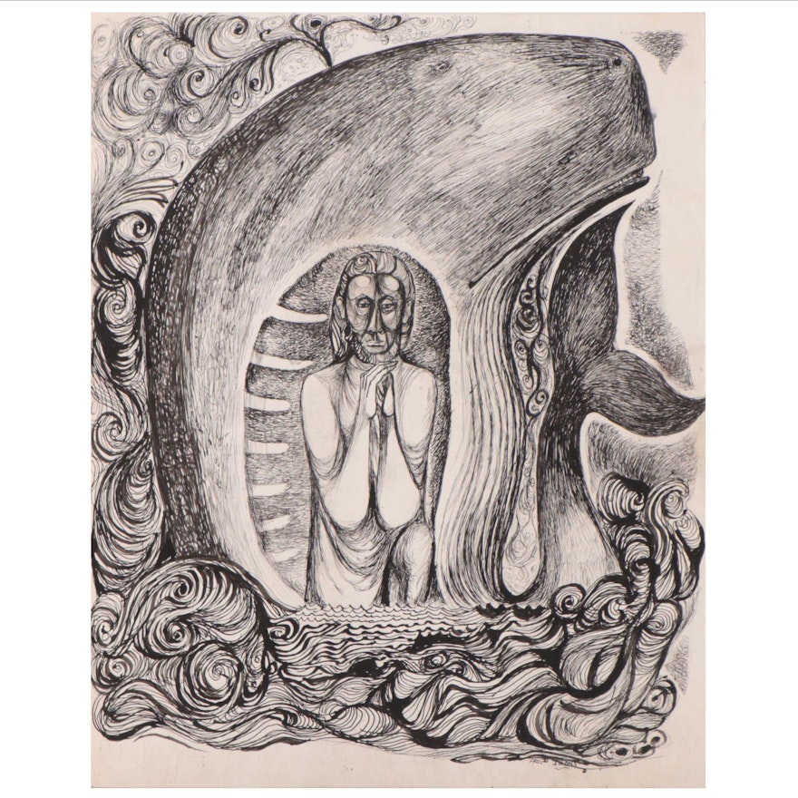 Fred Jones Ink Drawing of Figure In Whale