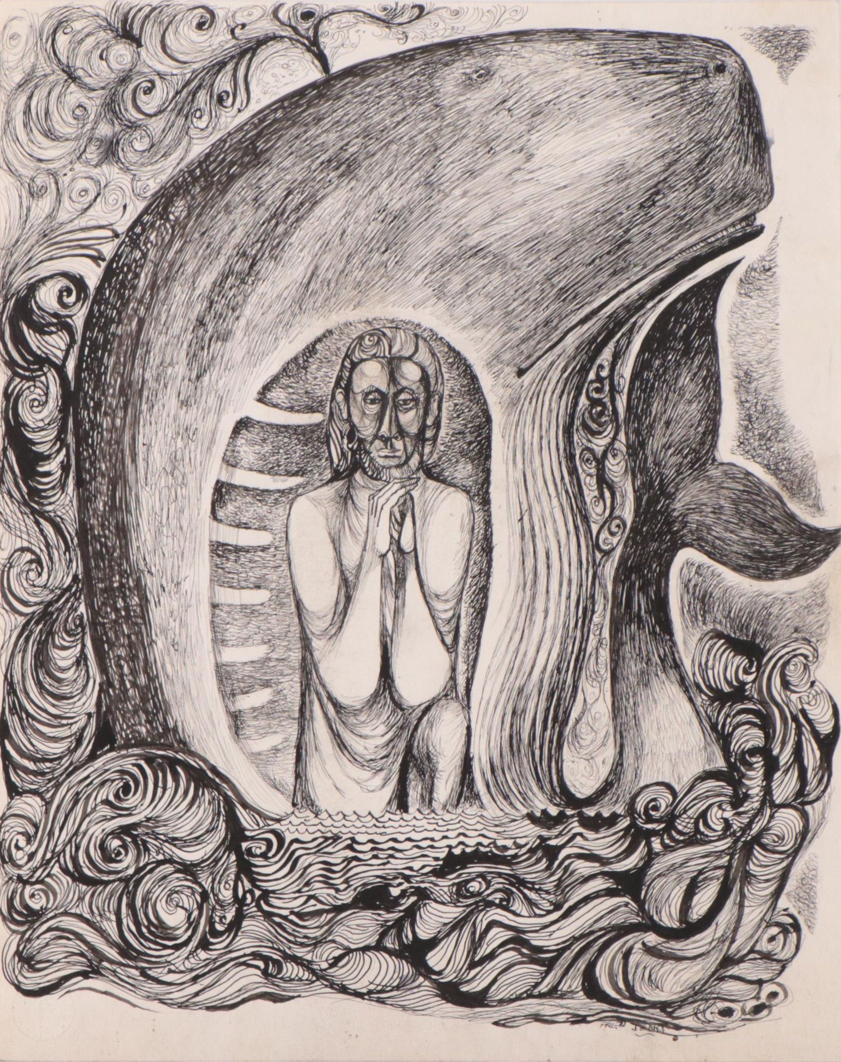 Fred Jones Ink Drawing of Figure In Whale