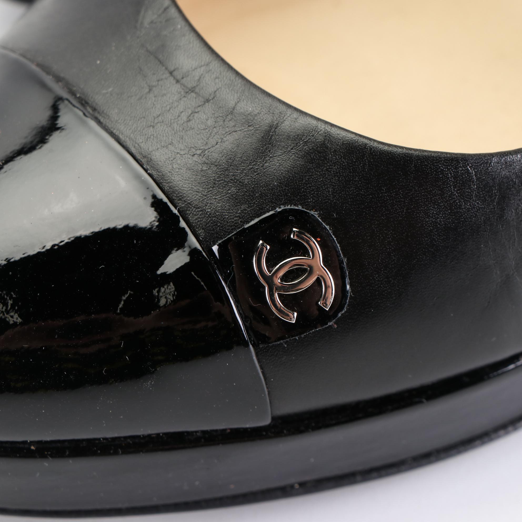 Chanel CC Platform Cap-Toe Pumps in Leather and Patent Leather with Box