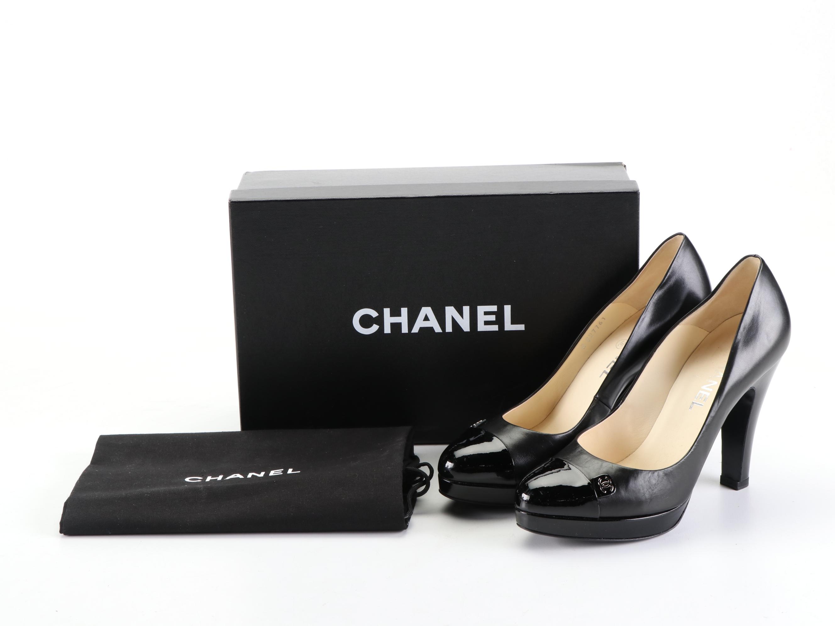 Chanel CC Platform Cap-Toe Pumps in Leather and Patent Leather with Box