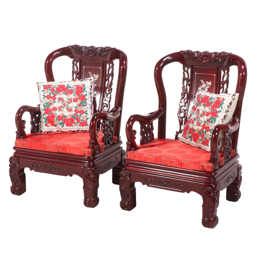 Pair of Chinese Carved Hardwood and Shell-Inlaid Armchairs