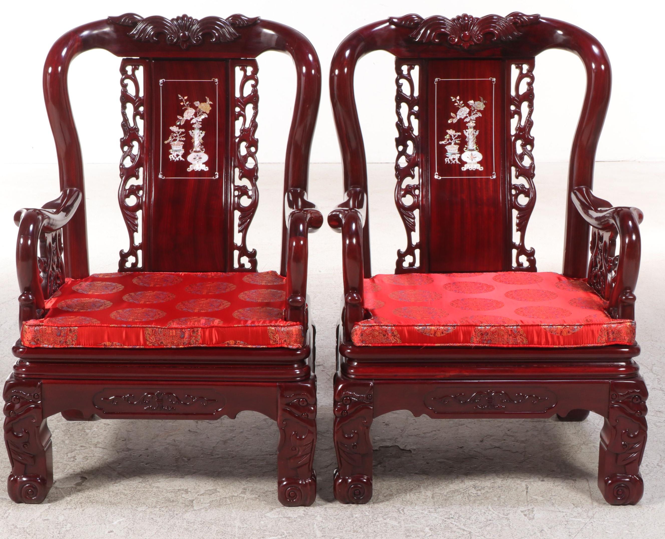 Pair of Chinese Carved Hardwood and Shell-Inlaid Armchairs