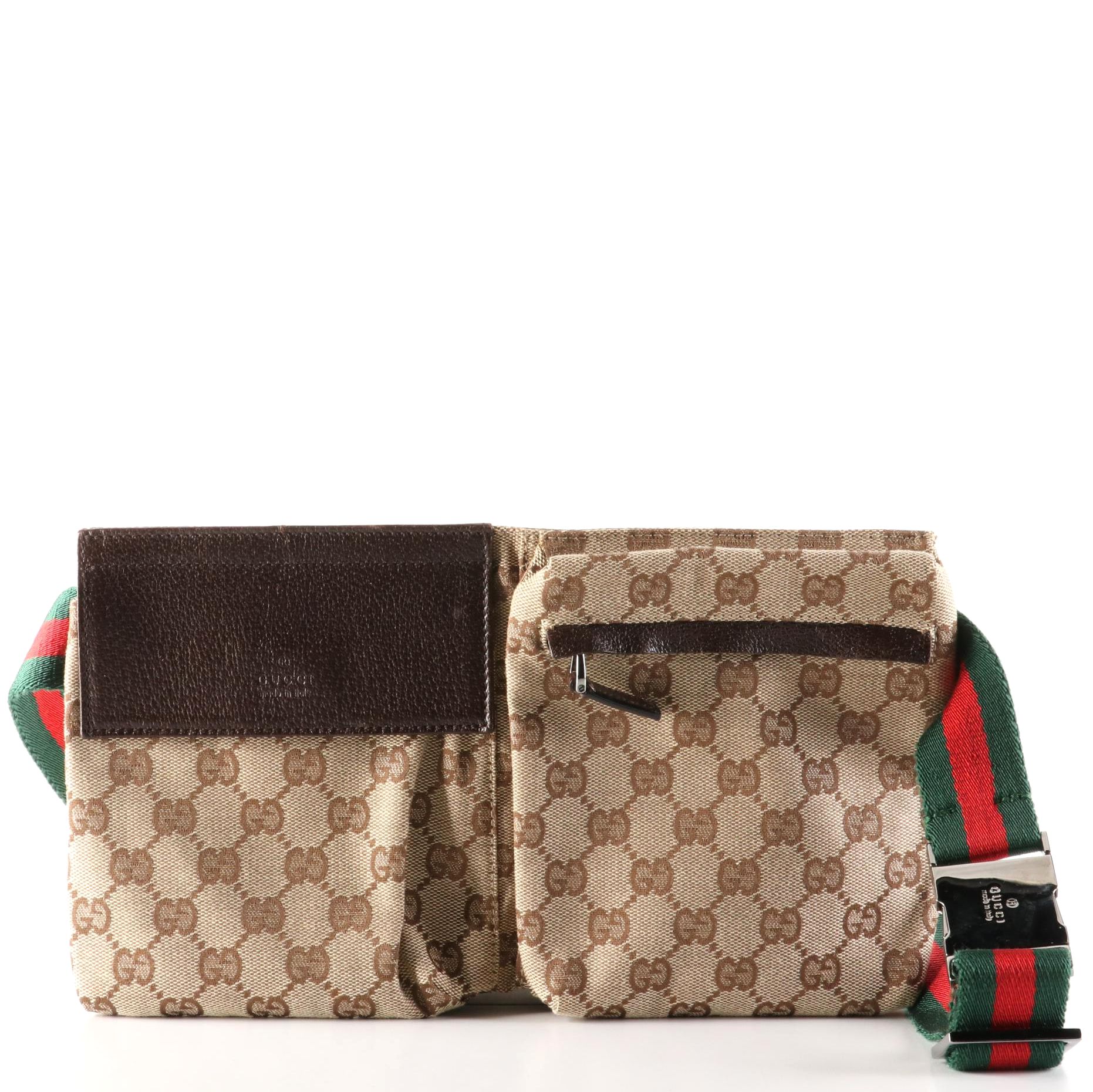Gucci Web Strap Belt Bag in GG Canvas and Brown Textured Leather