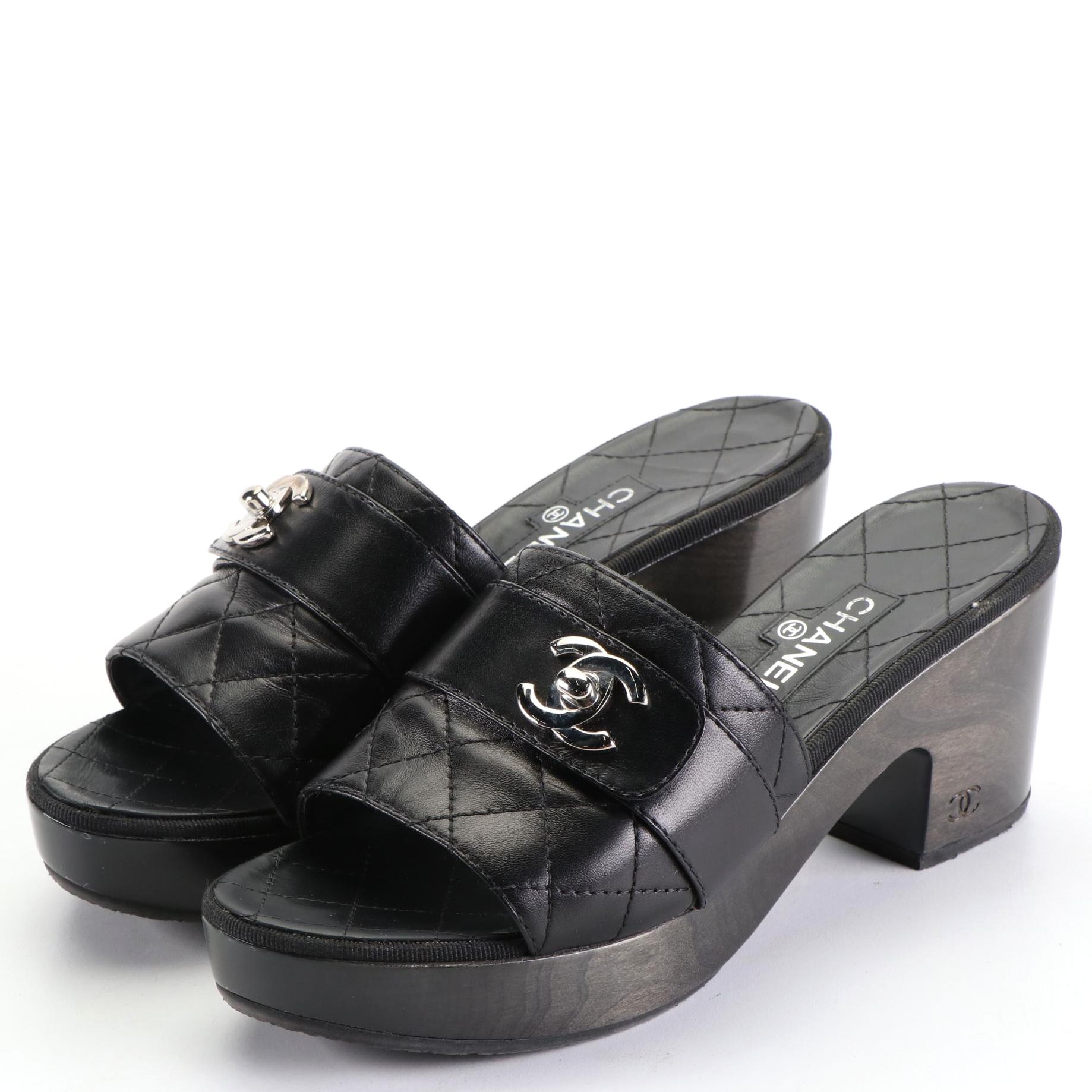 Chanel CC Platform Mules in Quilted Lambskin with Box