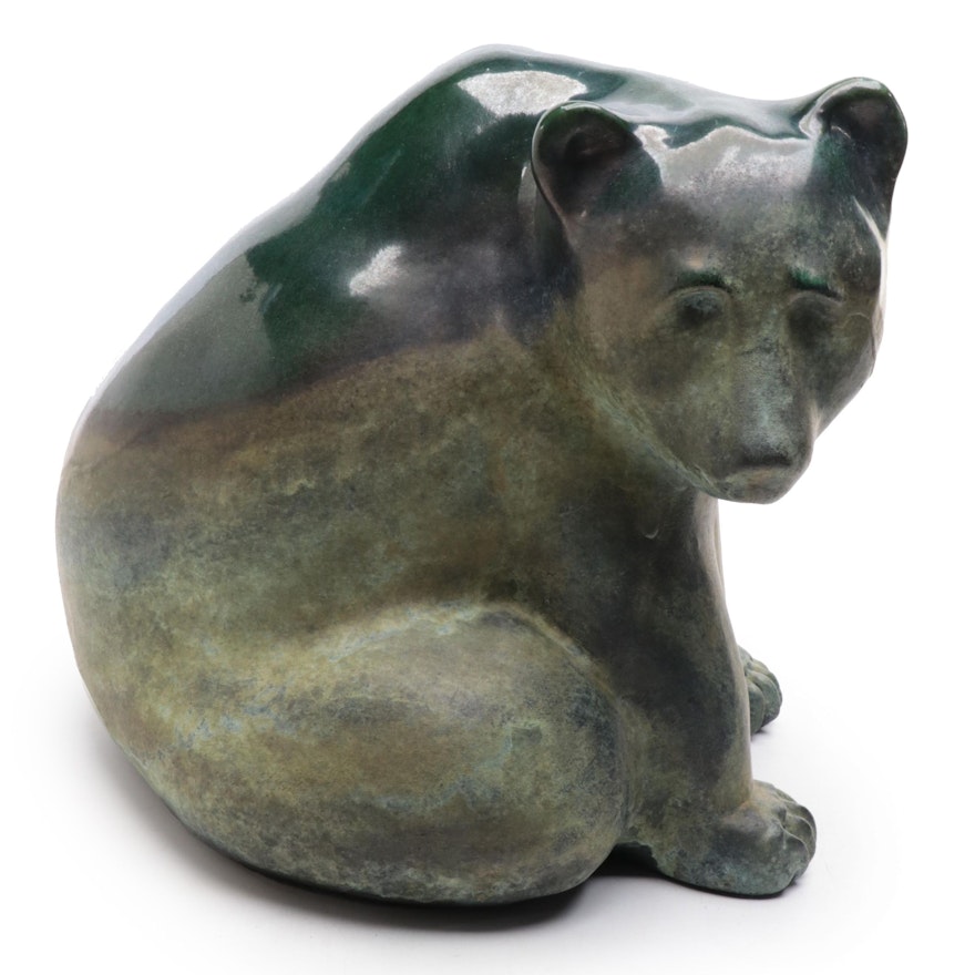 Tony Evans Signed Raku Pottery Seated Bear Figurine